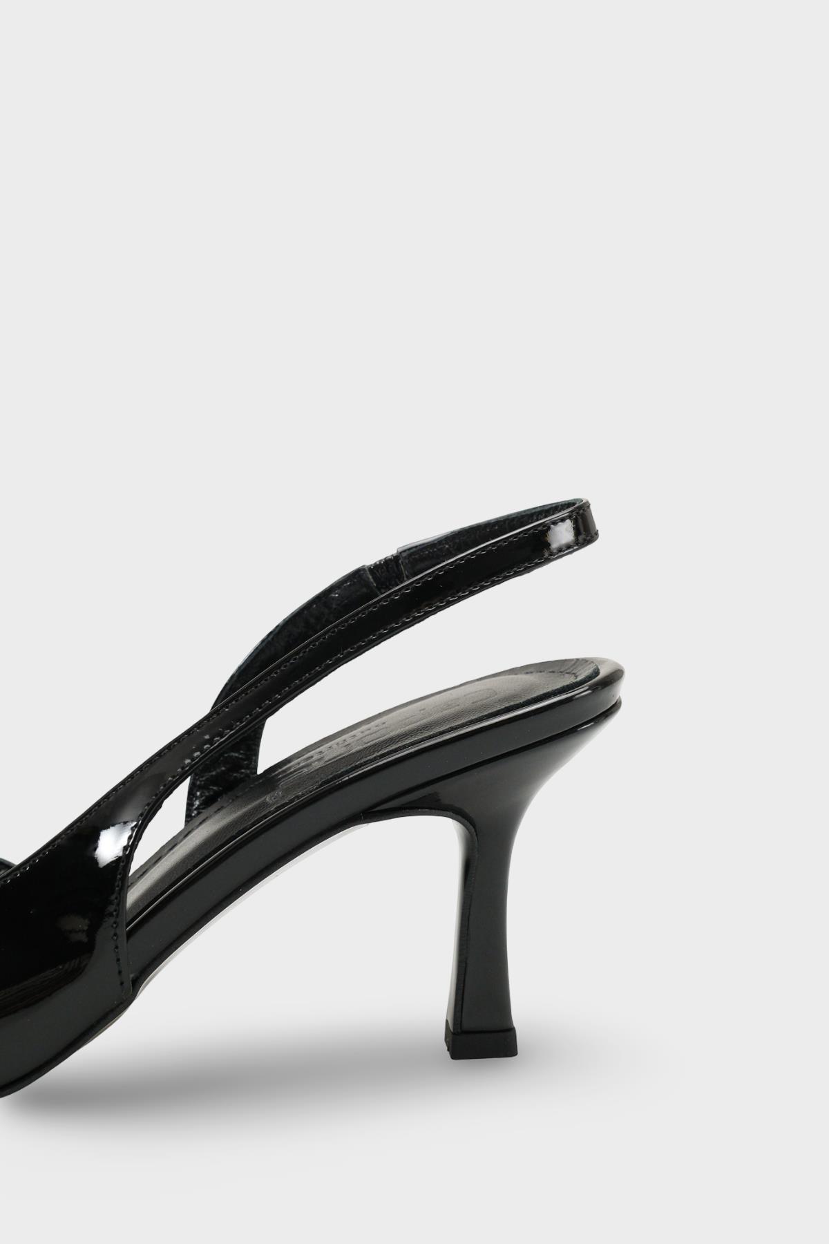 Capone Ramonda Genuine Leather Lined Pointed Toe Mid Heel Patent Look Open Back Women Patent Black Shoe