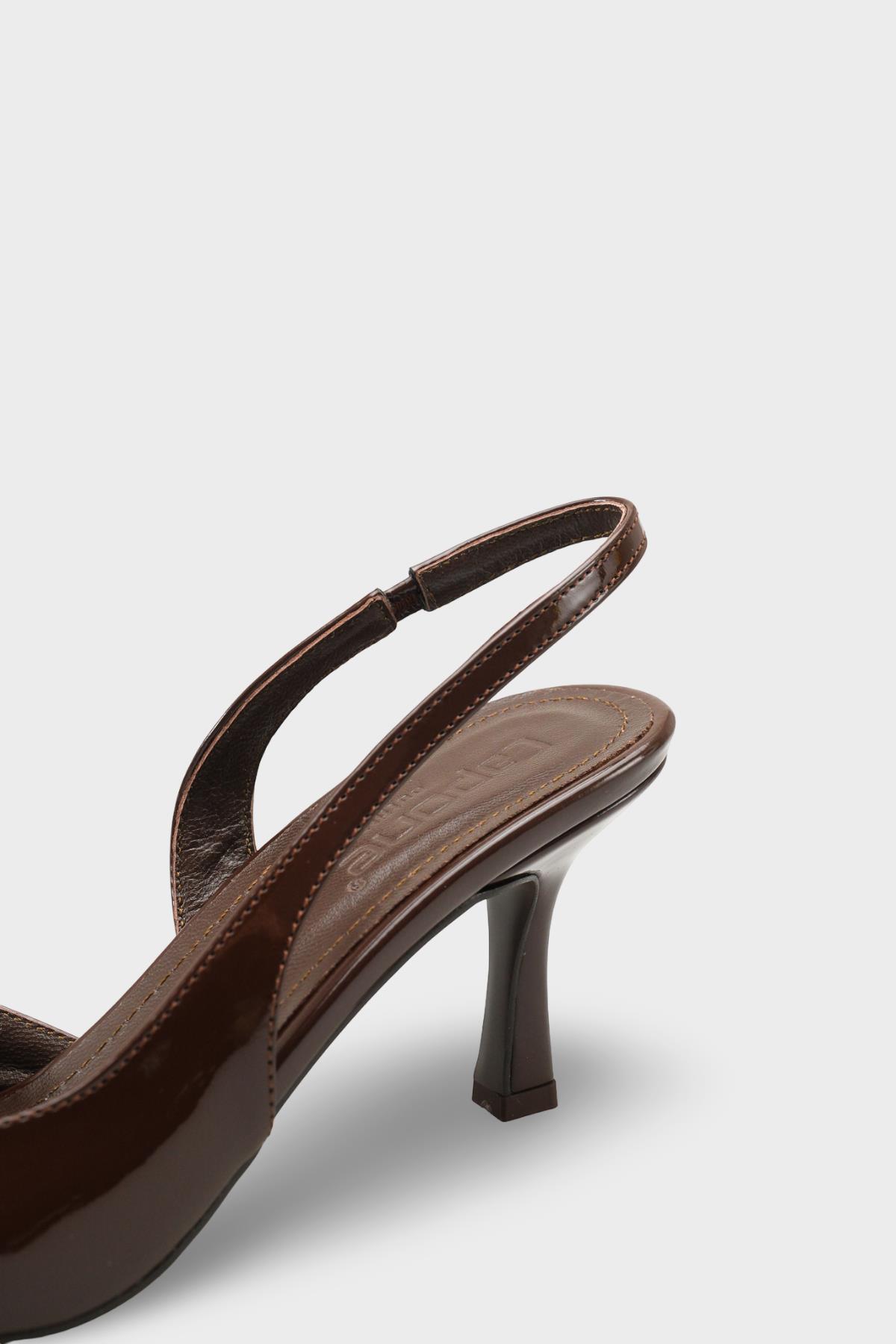 Capone Ramonda Genuine Leather Lined Pointed Toe Mid Heel Patent Look Open Back Women Patent Brown Shoe