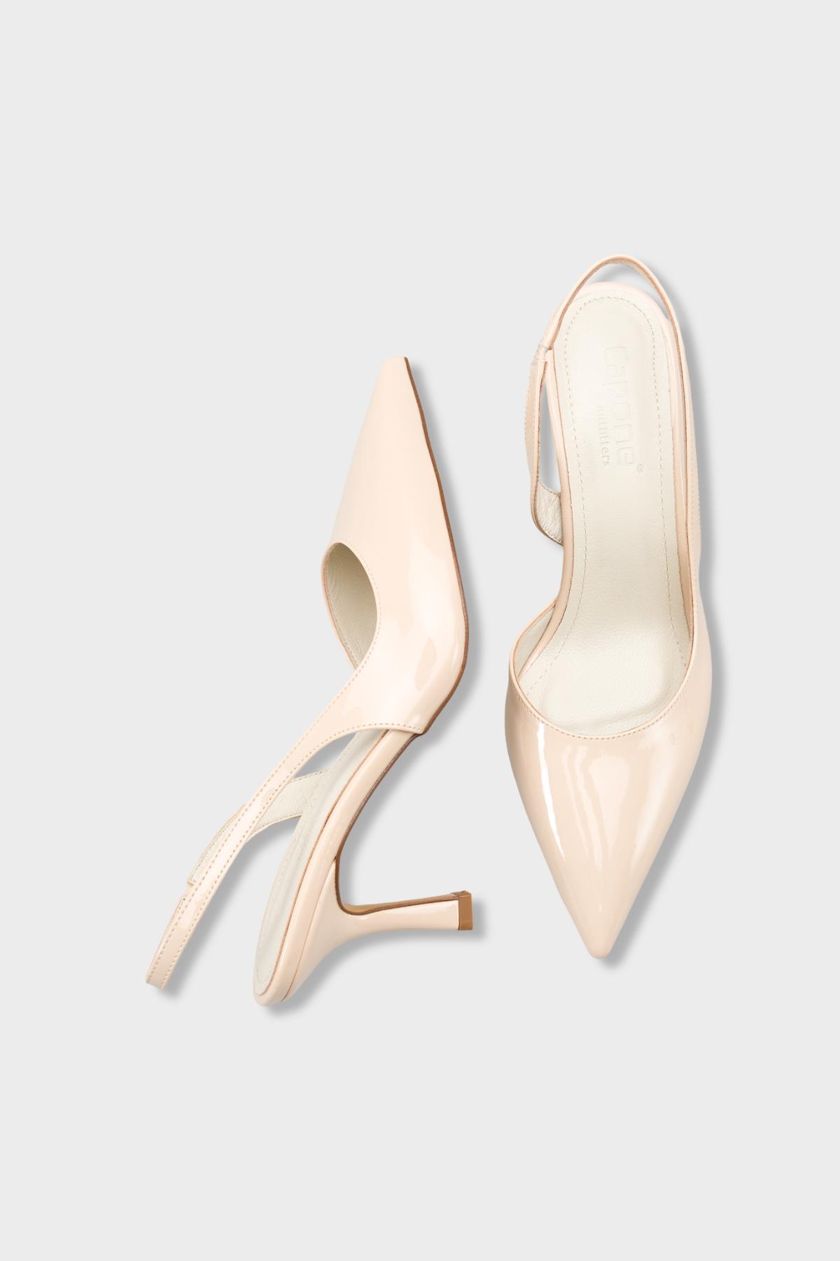 Capone Ramonda Genuine Leather Lined Pointed Toe Mid Heel Patent Look Open Back Women Patent Ecru Shoe