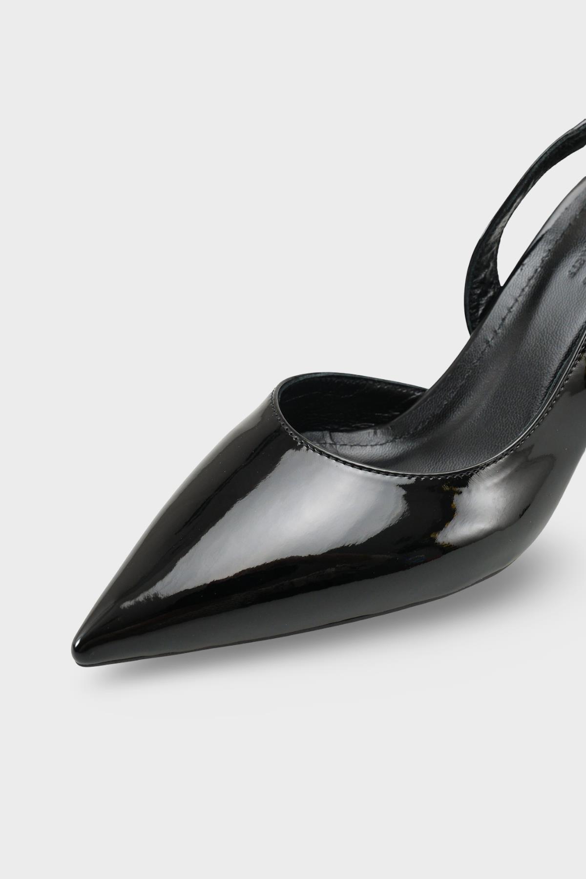 Capone Ramonda Genuine Leather Lined Pointed Toe Mid Heel Patent Look Open Back Women Patent Black Shoe