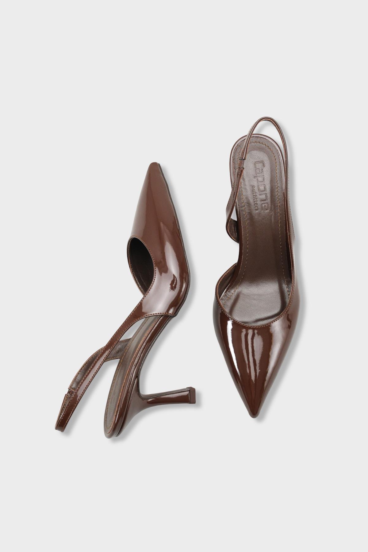 Capone Ramonda Genuine Leather Lined Pointed Toe Mid Heel Patent Look Open Back Women Patent Brown Shoe