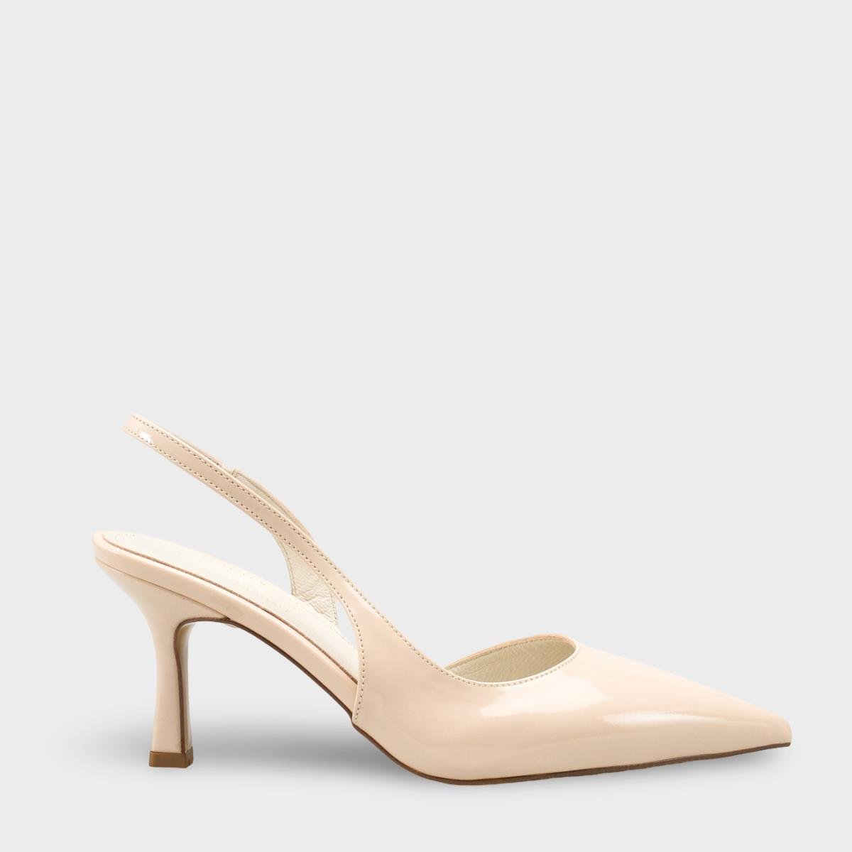 Capone Ramonda Genuine Leather Lined Pointed Toe Mid Heel Patent Look Open Back Women Patent Ecru Shoe
