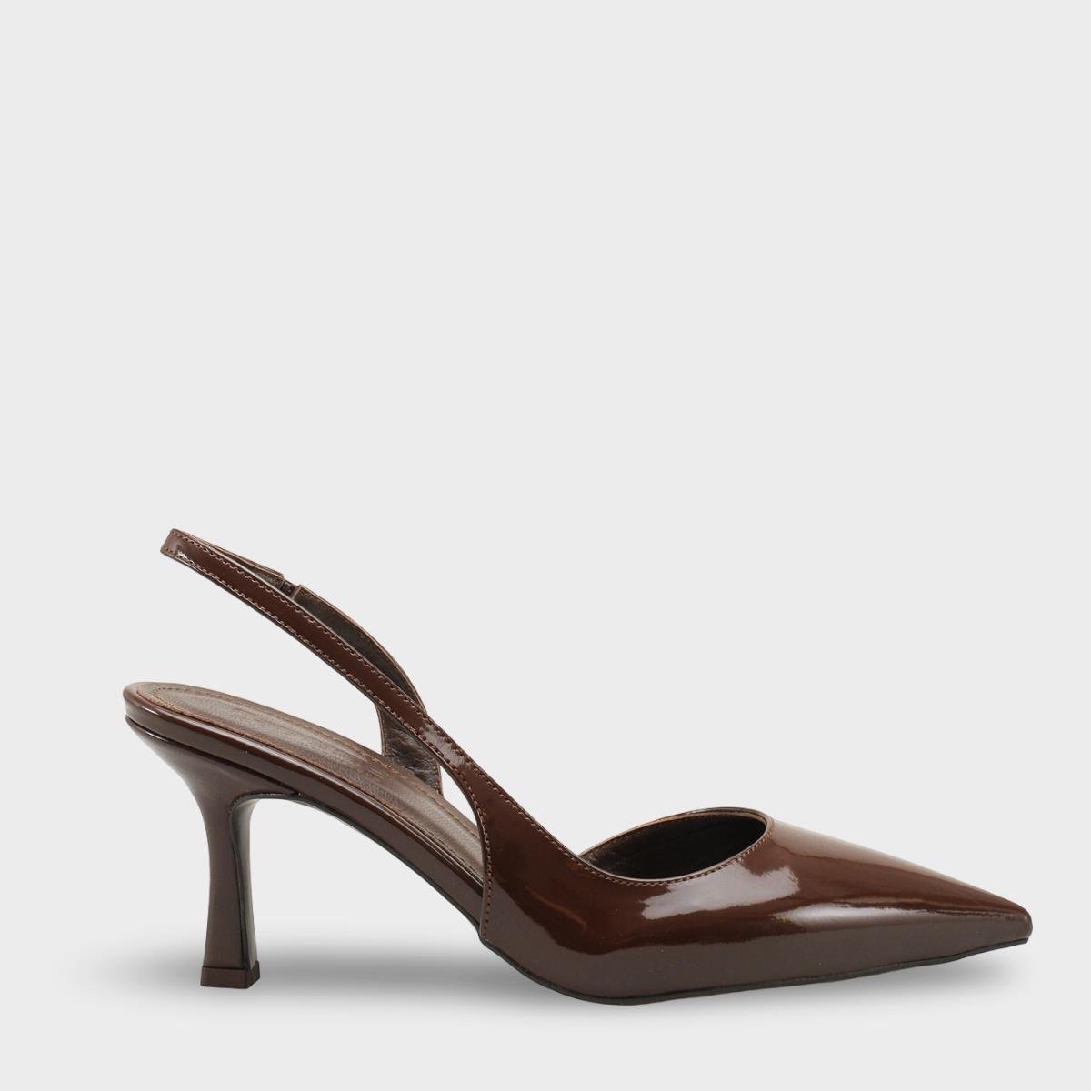 Capone Ramonda Genuine Leather Lined Pointed Toe Mid Heel Patent Look Open Back Women Patent Brown Shoe