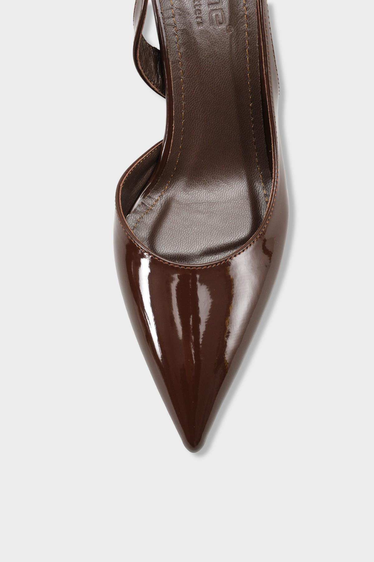 Capone Ramonda Genuine Leather Lined Pointed Toe Mid Heel Patent Look Open Back Women Patent Brown Shoe