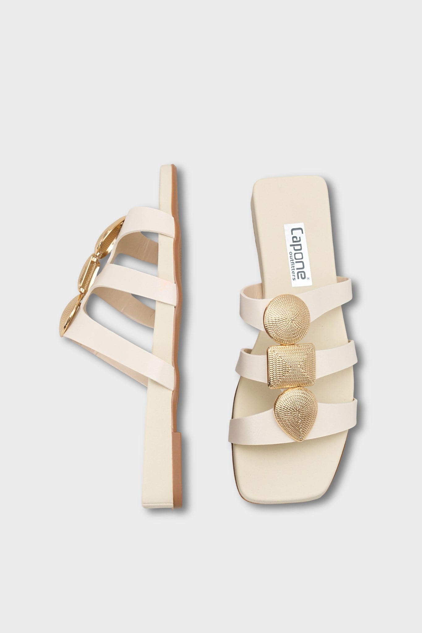 Capone Rebekah Blunt Toe Metal Accessory Short Heeled Comfort Women Beige Sandals