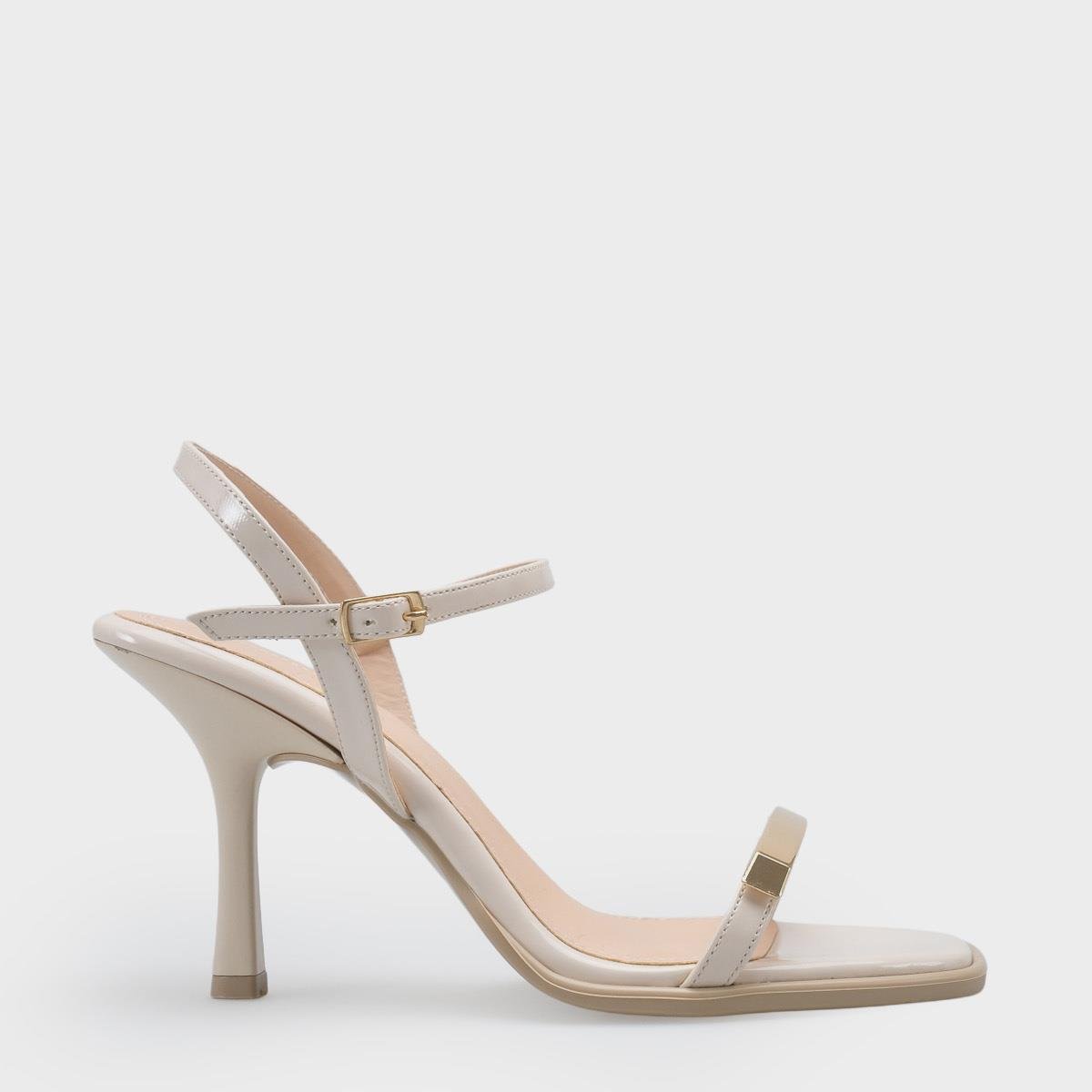 Capone Reggi Square Toe Metal Single Band Mid Heel Ankle Strap Women Patent Beige Shoe