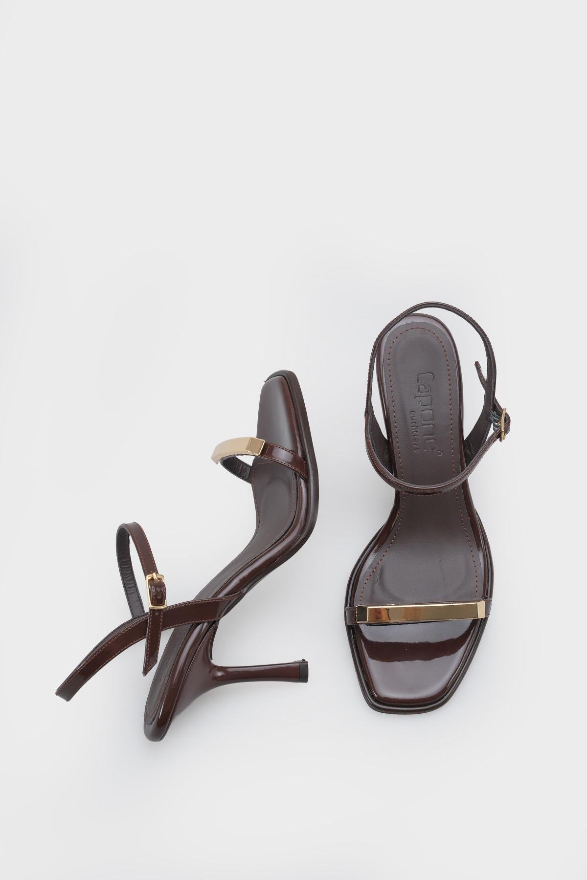 Capone Reggi Square Toe Metal Single Band Mid Heel Ankle Strap Women Patent Brown Shoe