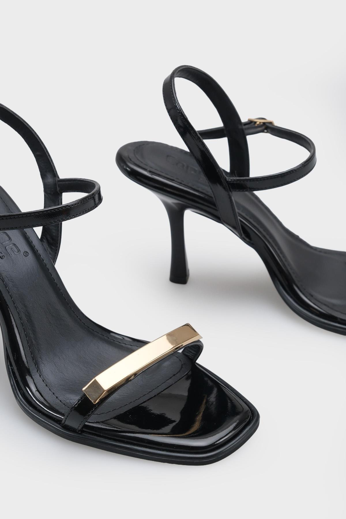 Capone Reggi Square Toe Metal Single Band Mid Heel Ankle Strap Women Patent Black Shoe