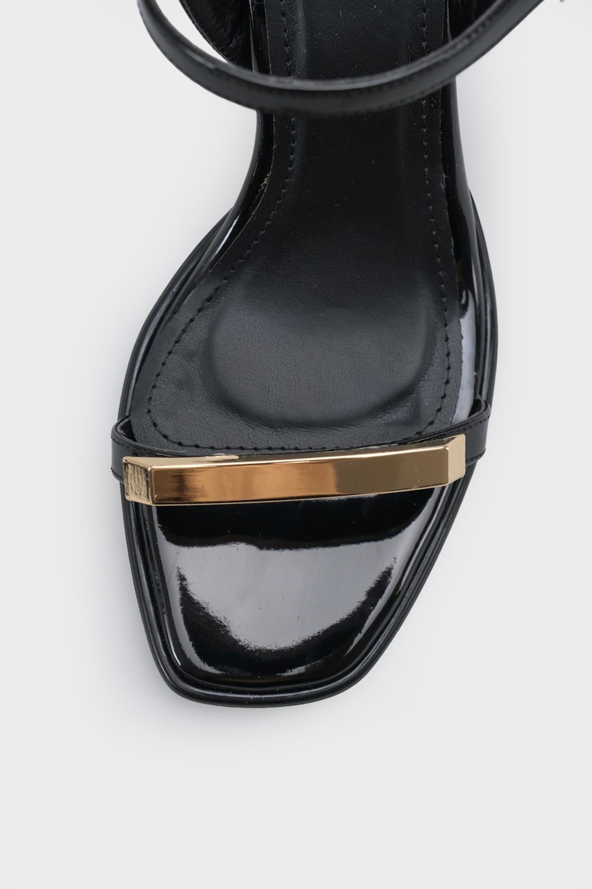 Capone Reggi Square Toe Metal Single Band Mid Heel Ankle Strap Women Patent Black Shoe