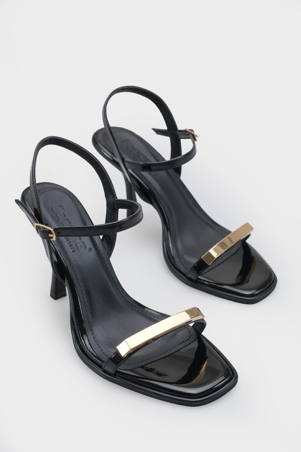 Capone Reggi Square Toe Metal Single Band Mid Heel Ankle Strap Women Patent Black Shoe