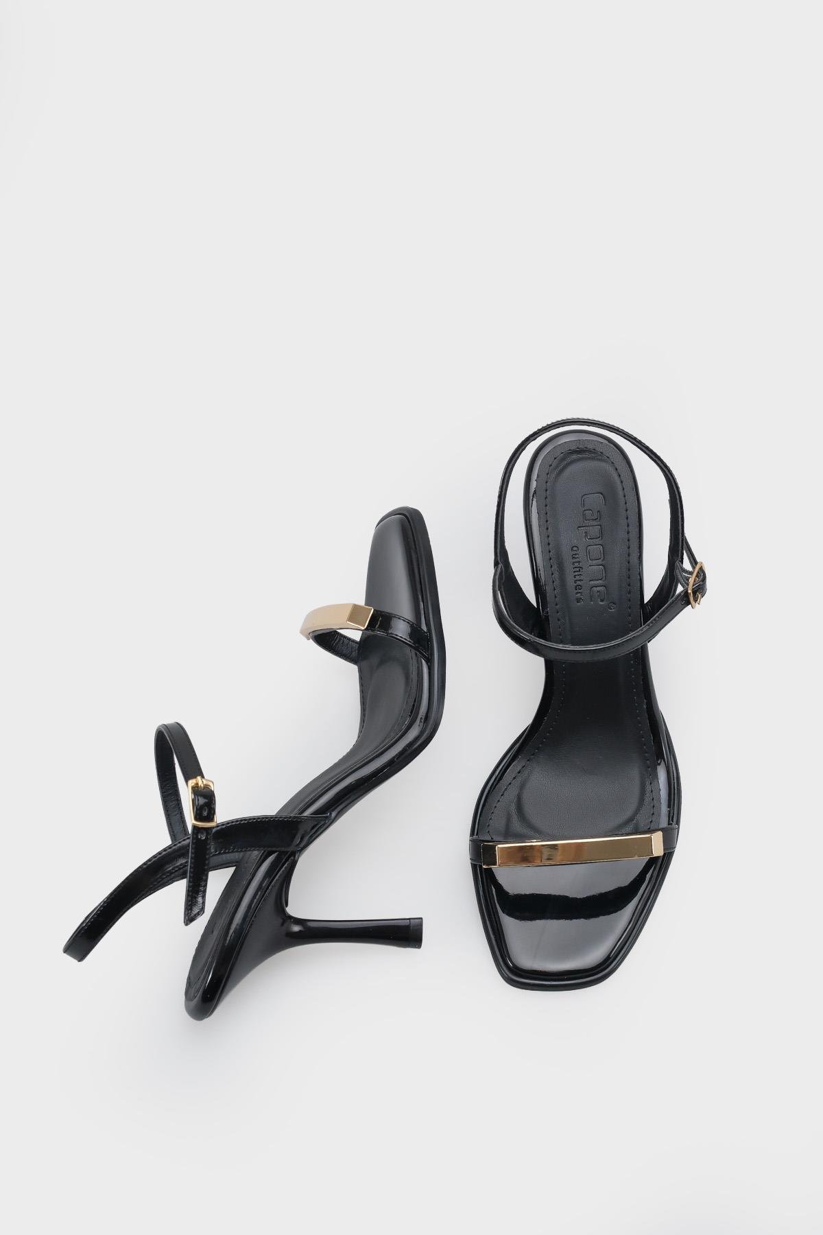 Capone Reggi Square Toe Metal Single Band Mid Heel Ankle Strap Women Patent Black Shoe
