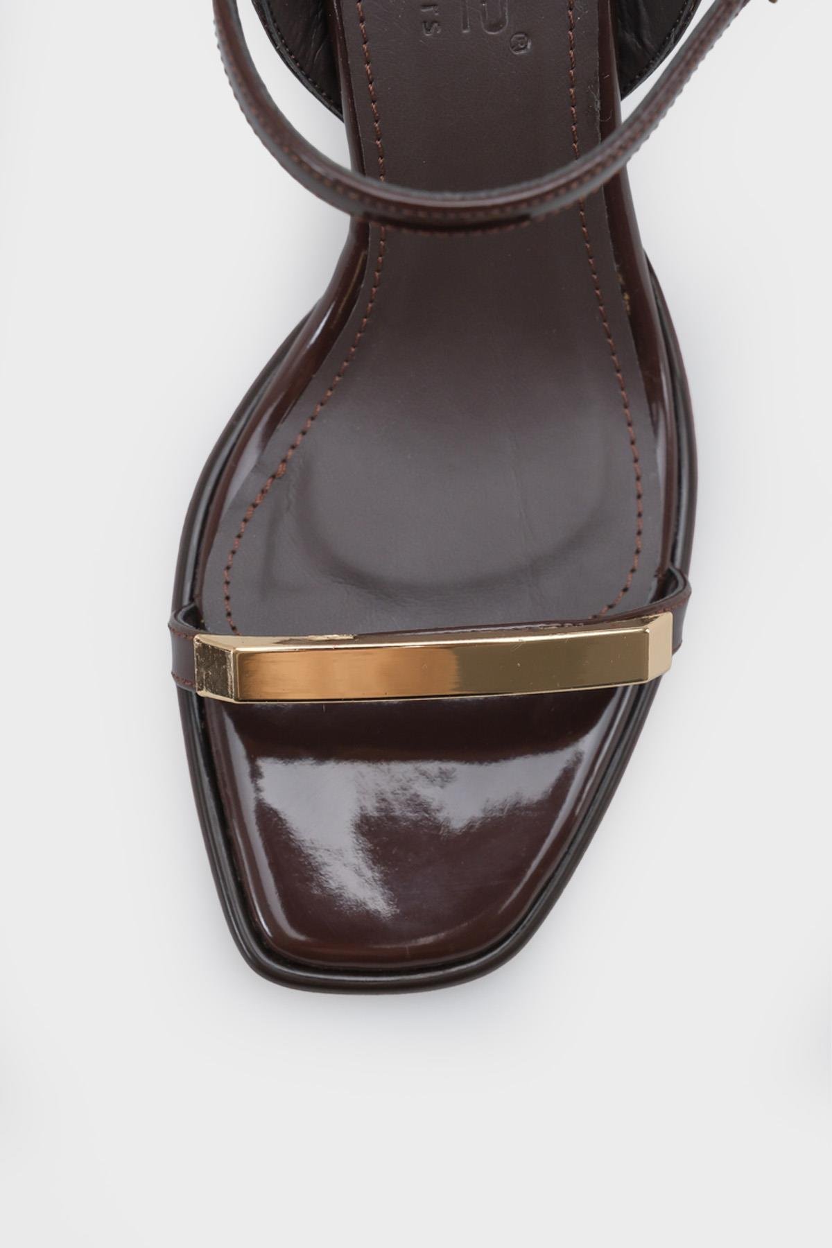 Capone Reggi Square Toe Metal Single Band Mid Heel Ankle Strap Women Patent Brown Shoe
