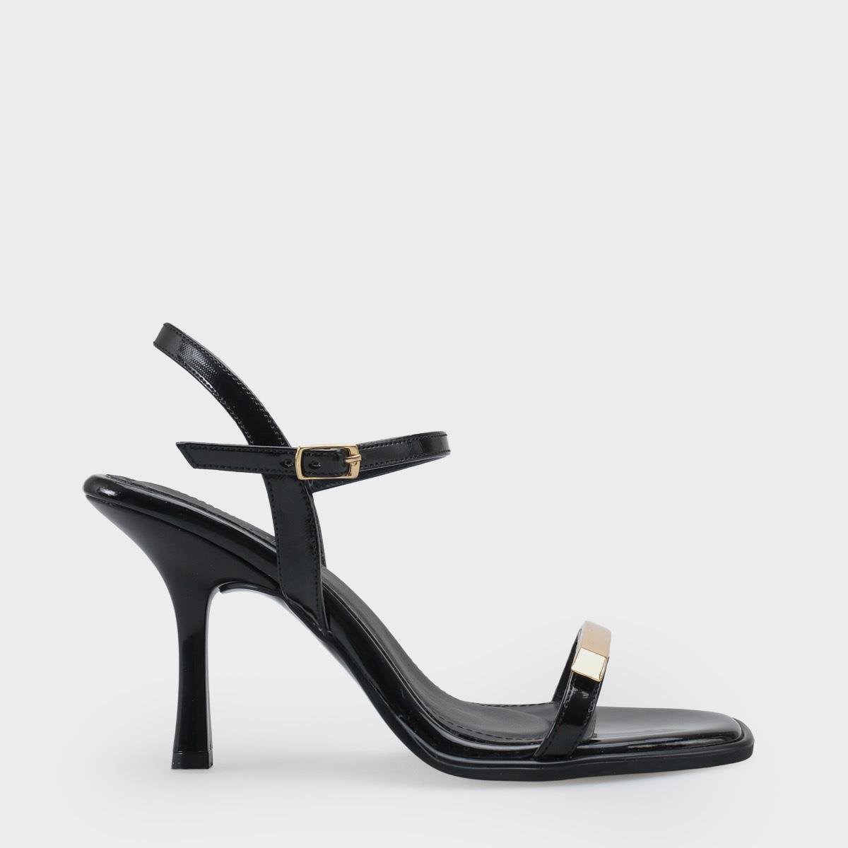 Capone Reggi Square Toe Metal Single Band Mid Heel Ankle Strap Women Patent Black Shoe