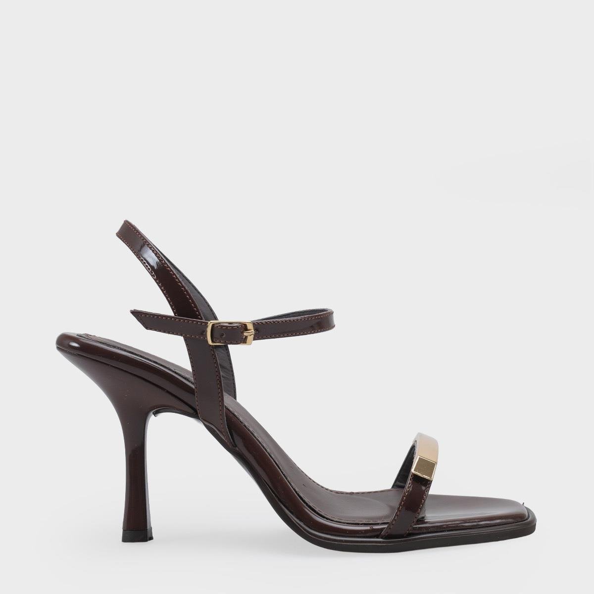 Capone Reggi Square Toe Metal Single Band Mid Heel Ankle Strap Women Patent Brown Shoe