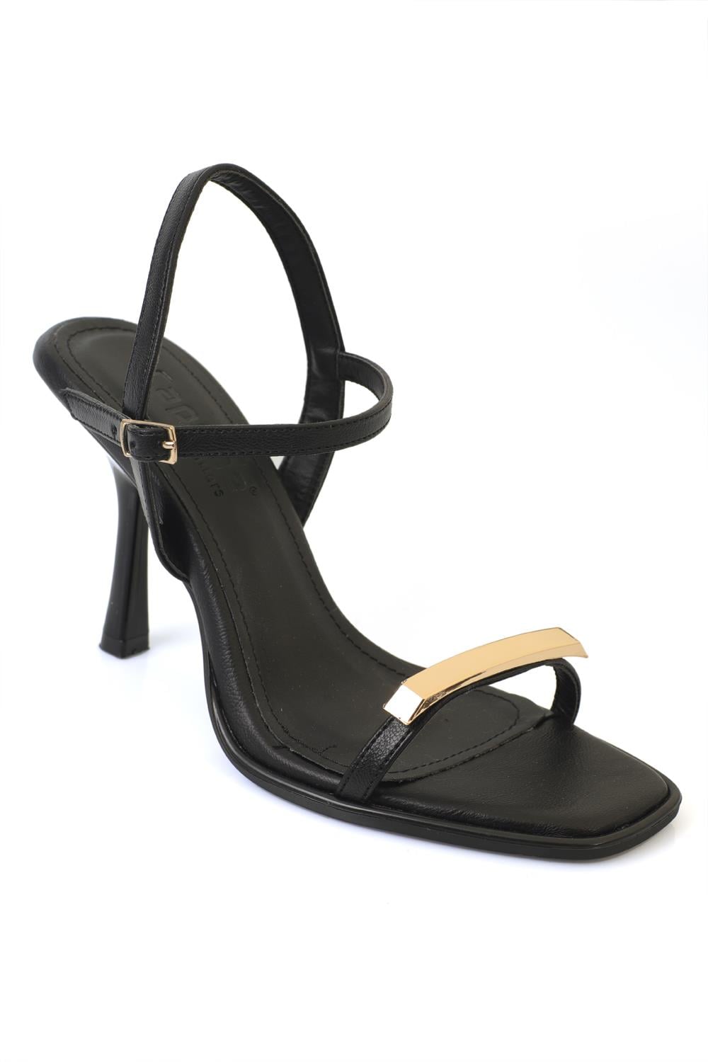 Capone Reggi Square Toe Metal Single Band Mid Heel Ankle Strap Women Metallic Black Shoe