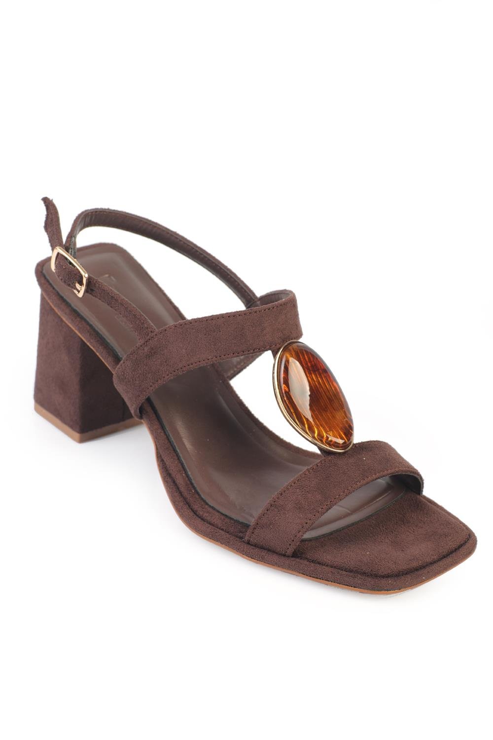 Capone Ronni Block Mid Heel Crystal Embellished Suede Look Women Sued Brown Shoe