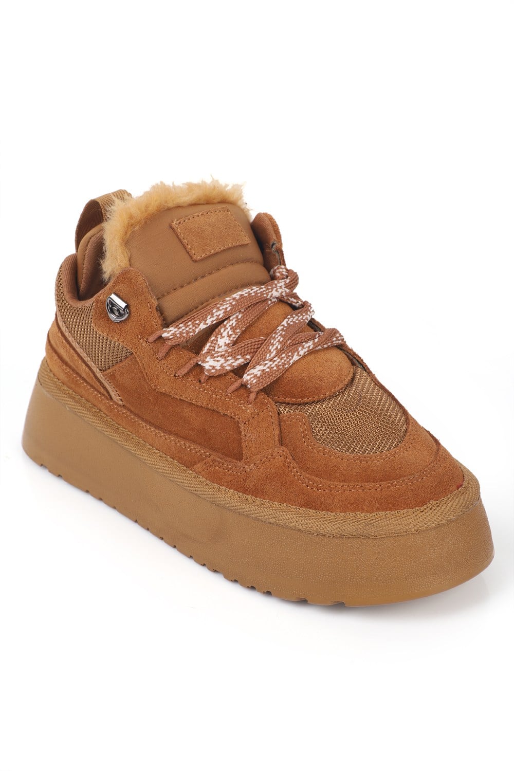 Capone Rosette Genuine Suede Faux Fur Lined Women Tan Sneaker