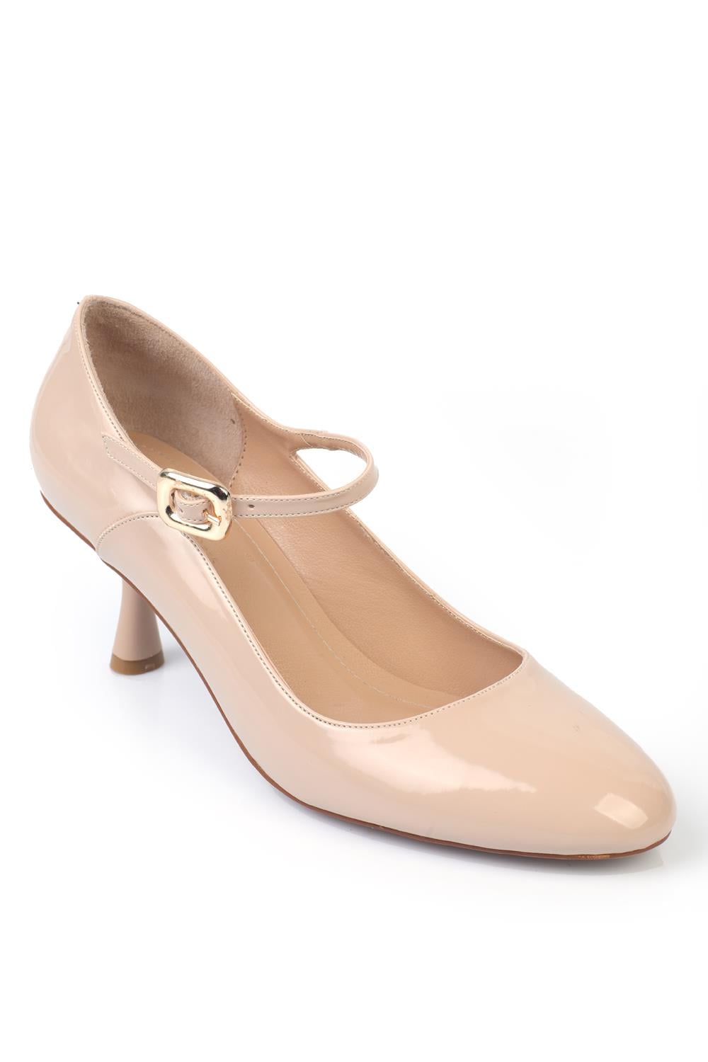 Capone Round-Toe Buckled Mid-Heeled Women Patent Beige Shoes