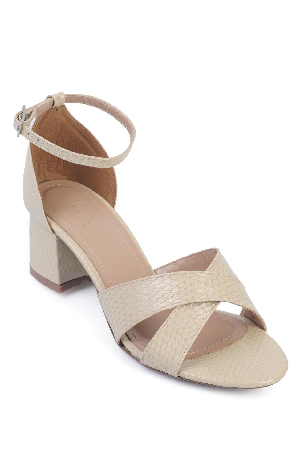 Capone Round Toe Cross Strap Mid Heel Women Beige Sandals