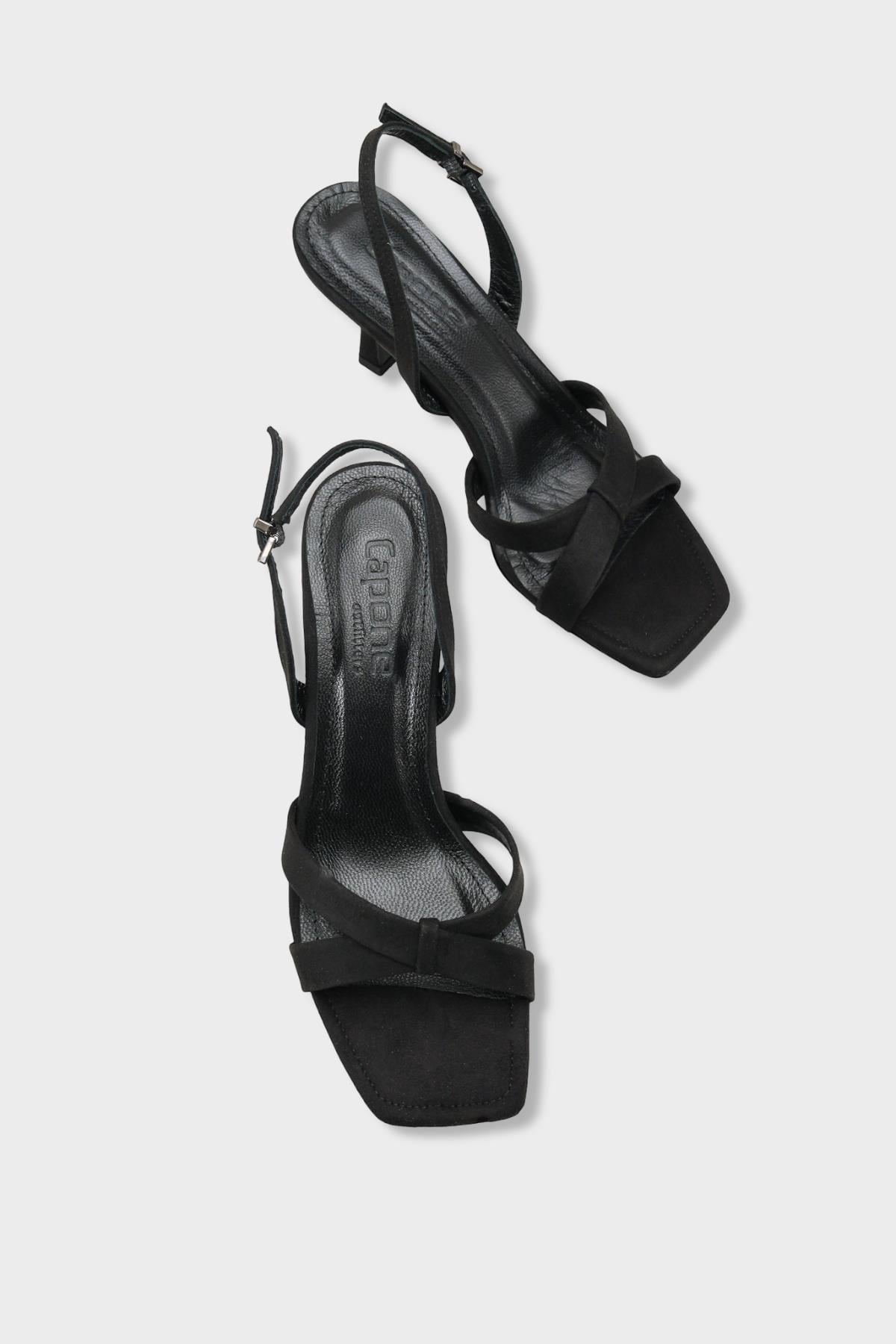 Capone Roxana Genuine Leather Lined Square Toe Cross Strap Mid Heel Suede Look Elegant Women Sued Black Shoe