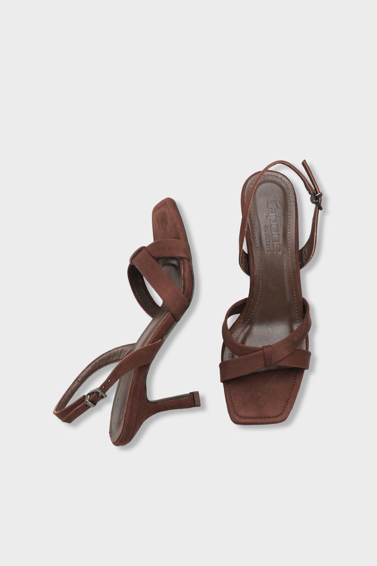 Capone Roxana Genuine Leather Lined Square Toe Cross Strap Mid Heel Suede Look Elegant Women Sued Brown Shoe