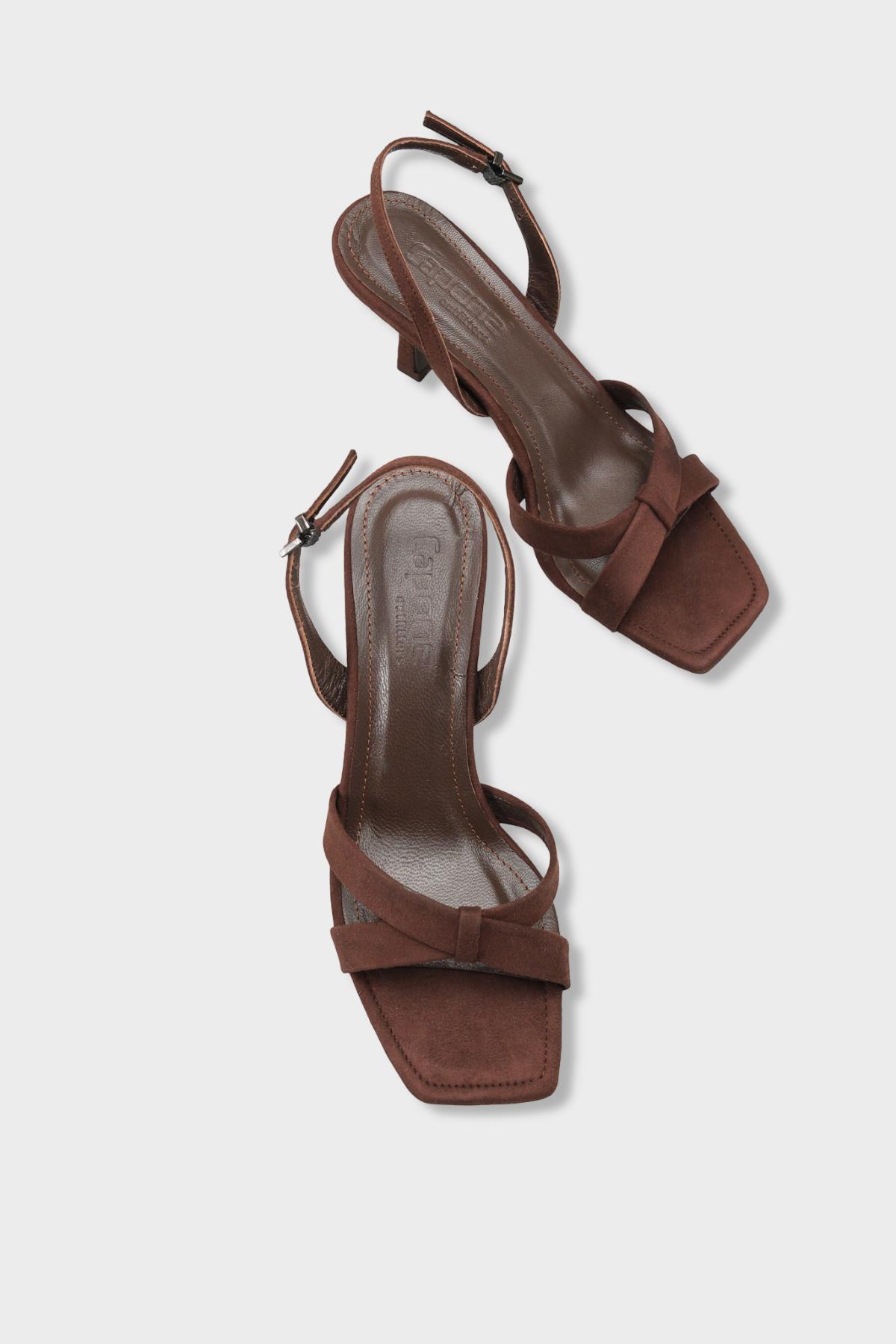 Capone Roxana Genuine Leather Lined Square Toe Cross Strap Mid Heel Suede Look Elegant Women Sued Brown Shoe