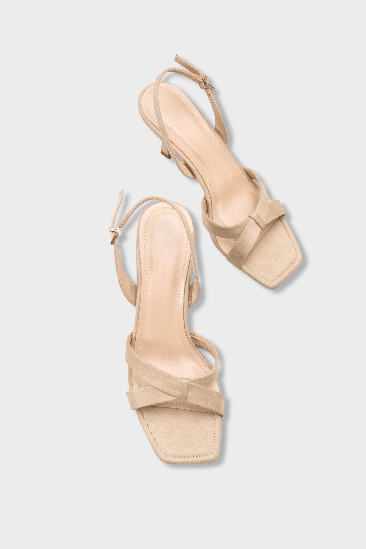 Capone Roxana Genuine Leather Lined Square Toe Cross Strap Mid Heel Suede Look Elegant Women Sued Beige Shoe