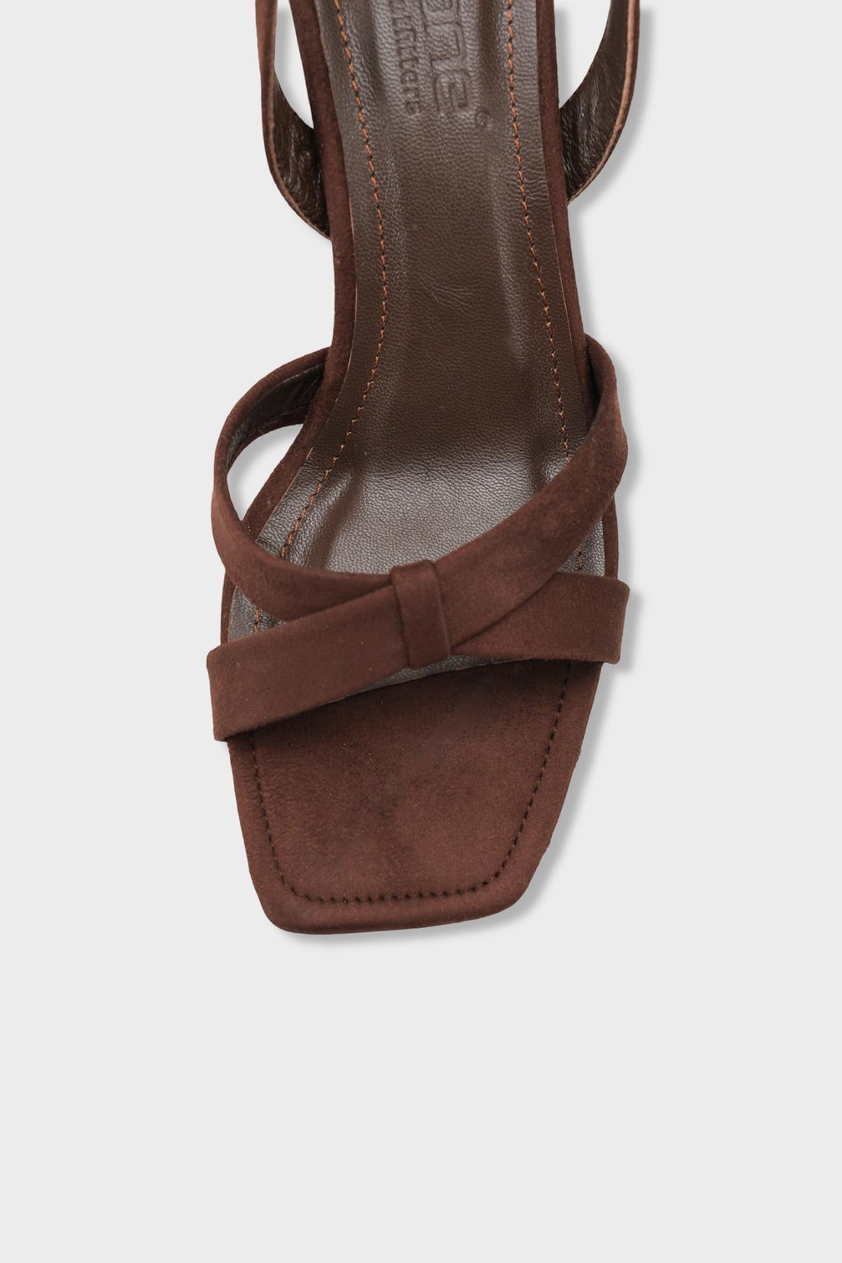 Capone Roxana Genuine Leather Lined Square Toe Cross Strap Mid Heel Suede Look Elegant Women Sued Brown Shoe