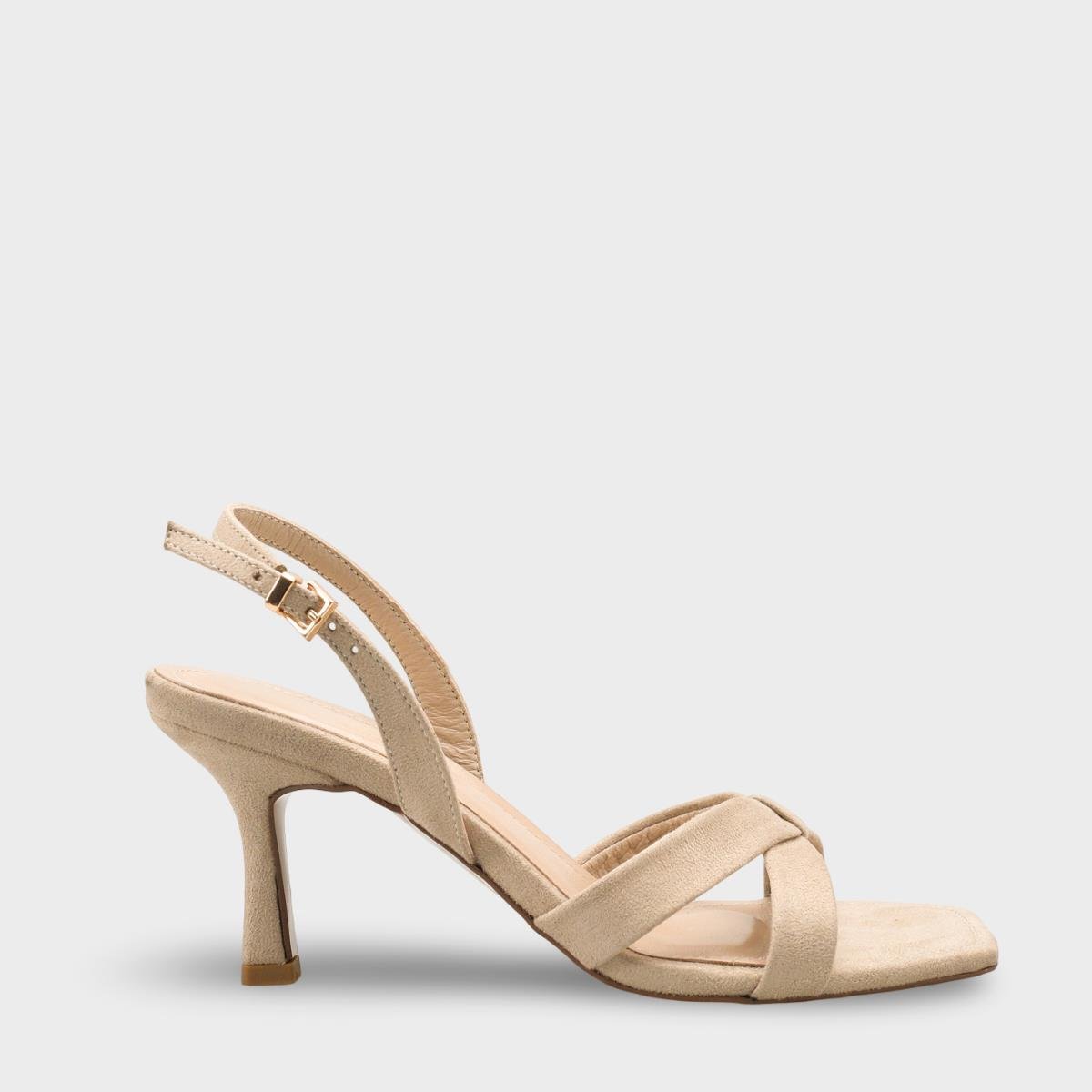 Capone Roxana Genuine Leather Lined Square Toe Cross Strap Mid Heel Suede Look Elegant Women Sued Beige Shoe