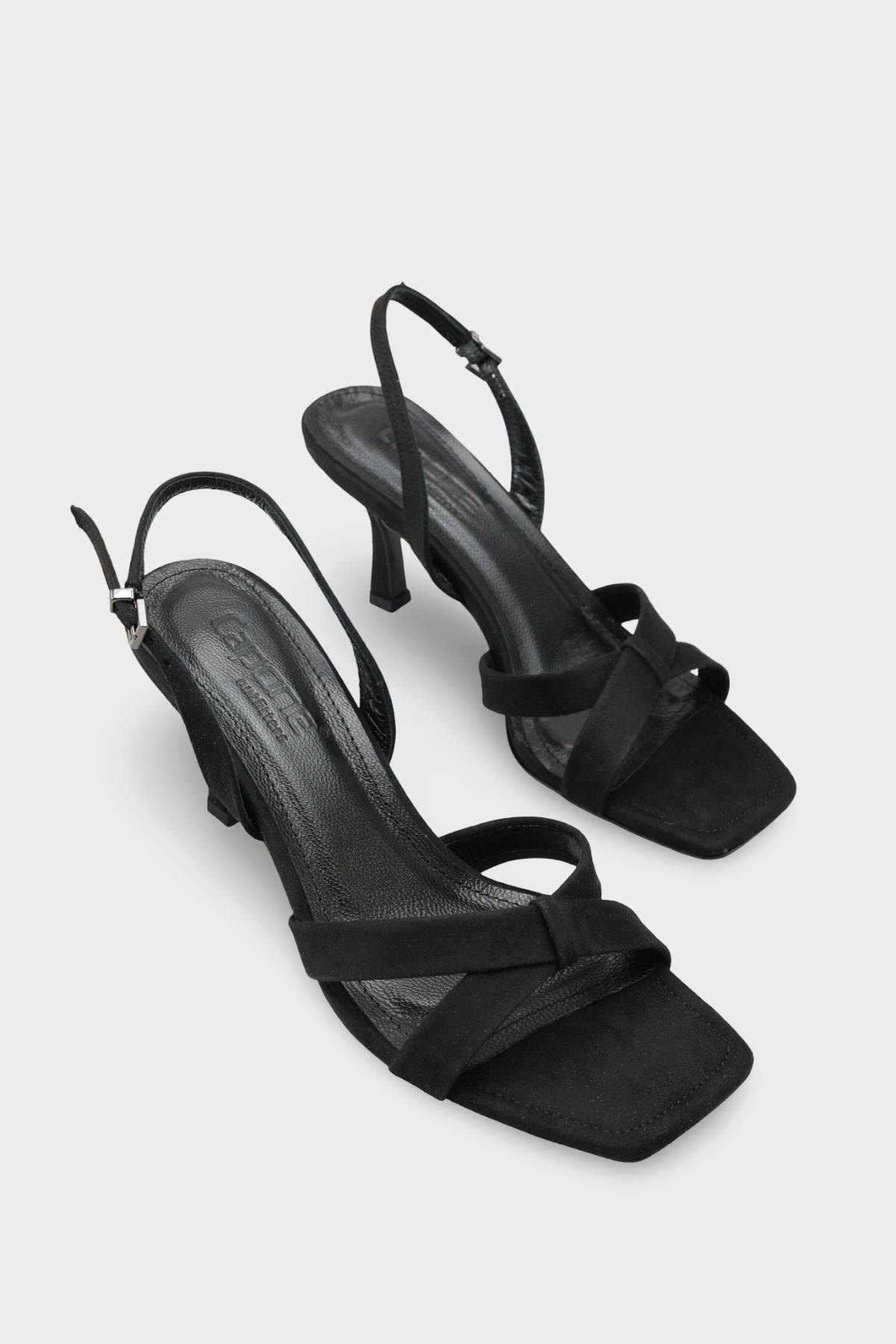 Capone Roxana Genuine Leather Lined Square Toe Cross Strap Mid Heel Suede Look Elegant Women Sued Black Shoe