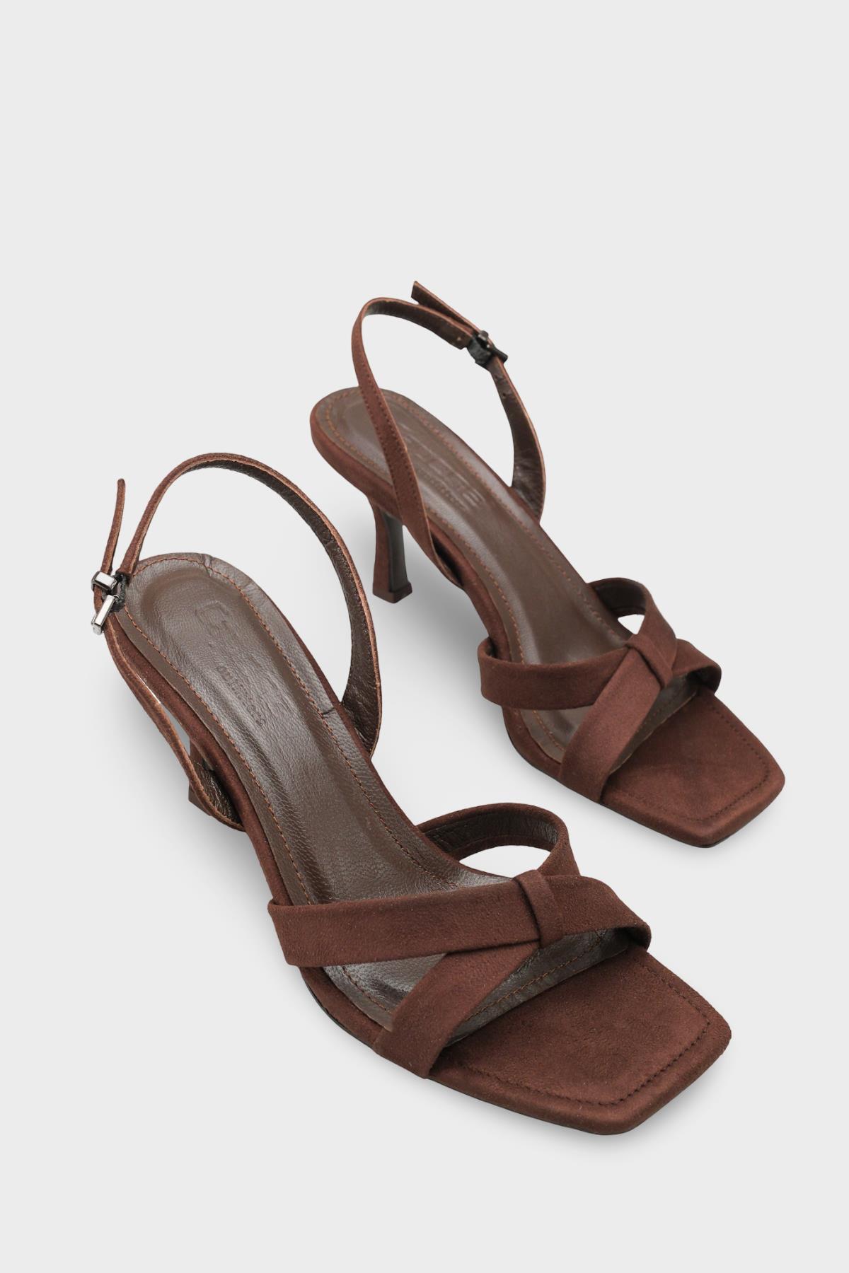 Capone Roxana Genuine Leather Lined Square Toe Cross Strap Mid Heel Suede Look Elegant Women Sued Brown Shoe