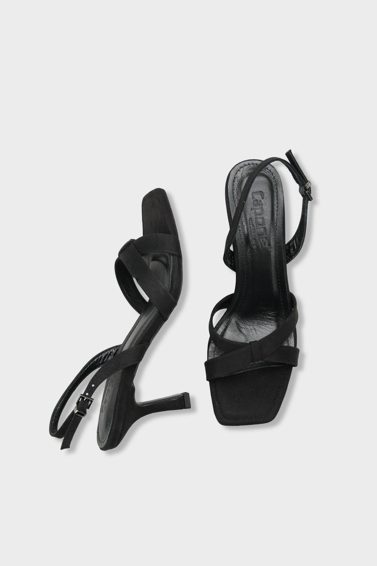 Capone Roxana Genuine Leather Lined Square Toe Cross Strap Mid Heel Suede Look Elegant Women Sued Black Shoe