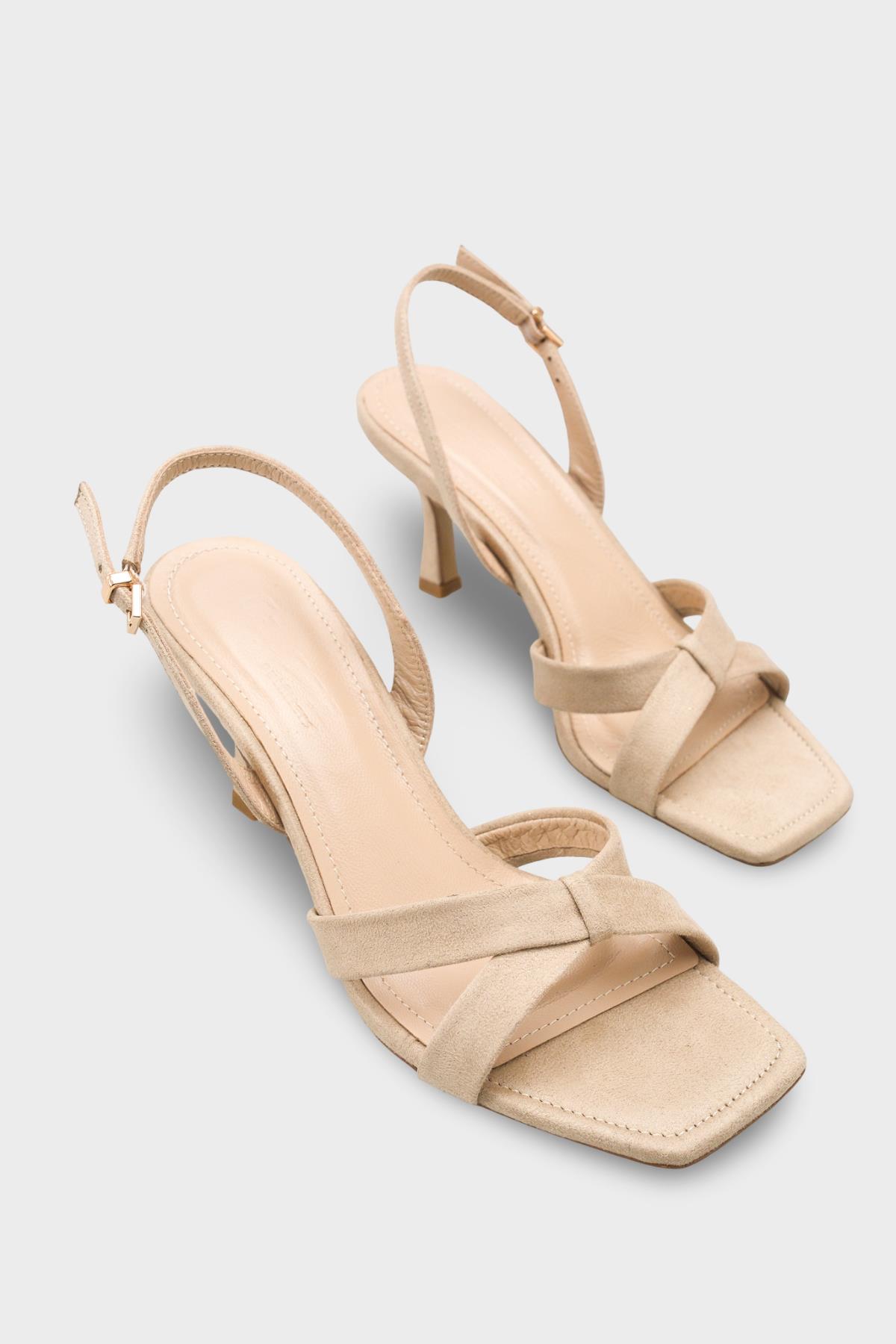 Capone Roxana Genuine Leather Lined Square Toe Cross Strap Mid Heel Suede Look Elegant Women Sued Beige Shoe