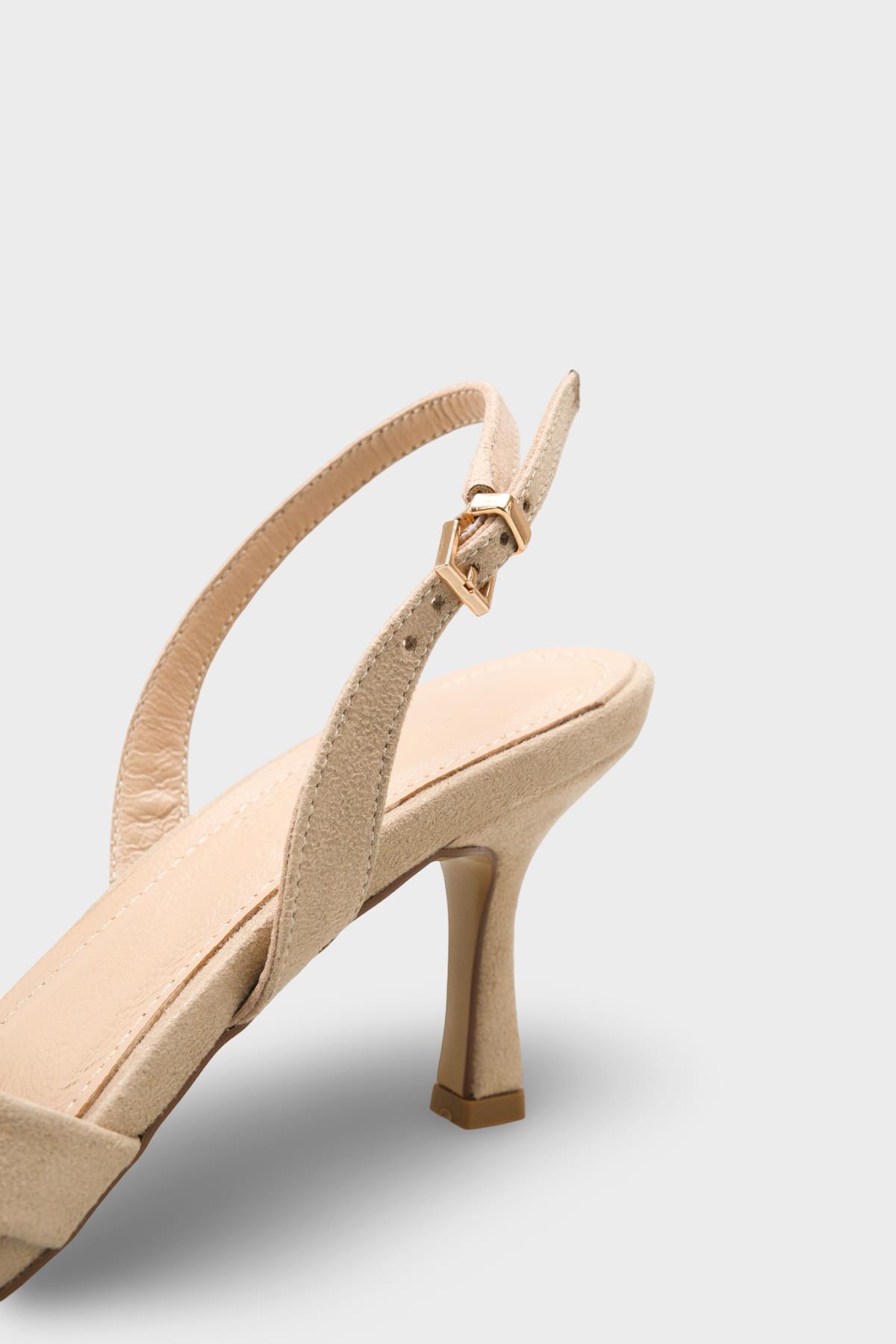 Capone Roxana Genuine Leather Lined Square Toe Cross Strap Mid Heel Suede Look Elegant Women Sued Beige Shoe