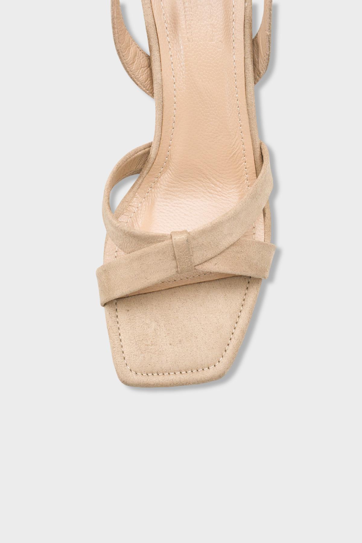 Capone Roxana Genuine Leather Lined Square Toe Cross Strap Mid Heel Suede Look Elegant Women Sued Beige Shoe