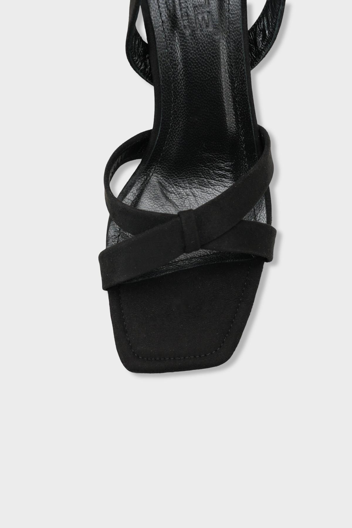 Capone Roxana Genuine Leather Lined Square Toe Cross Strap Mid Heel Suede Look Elegant Women Sued Black Shoe
