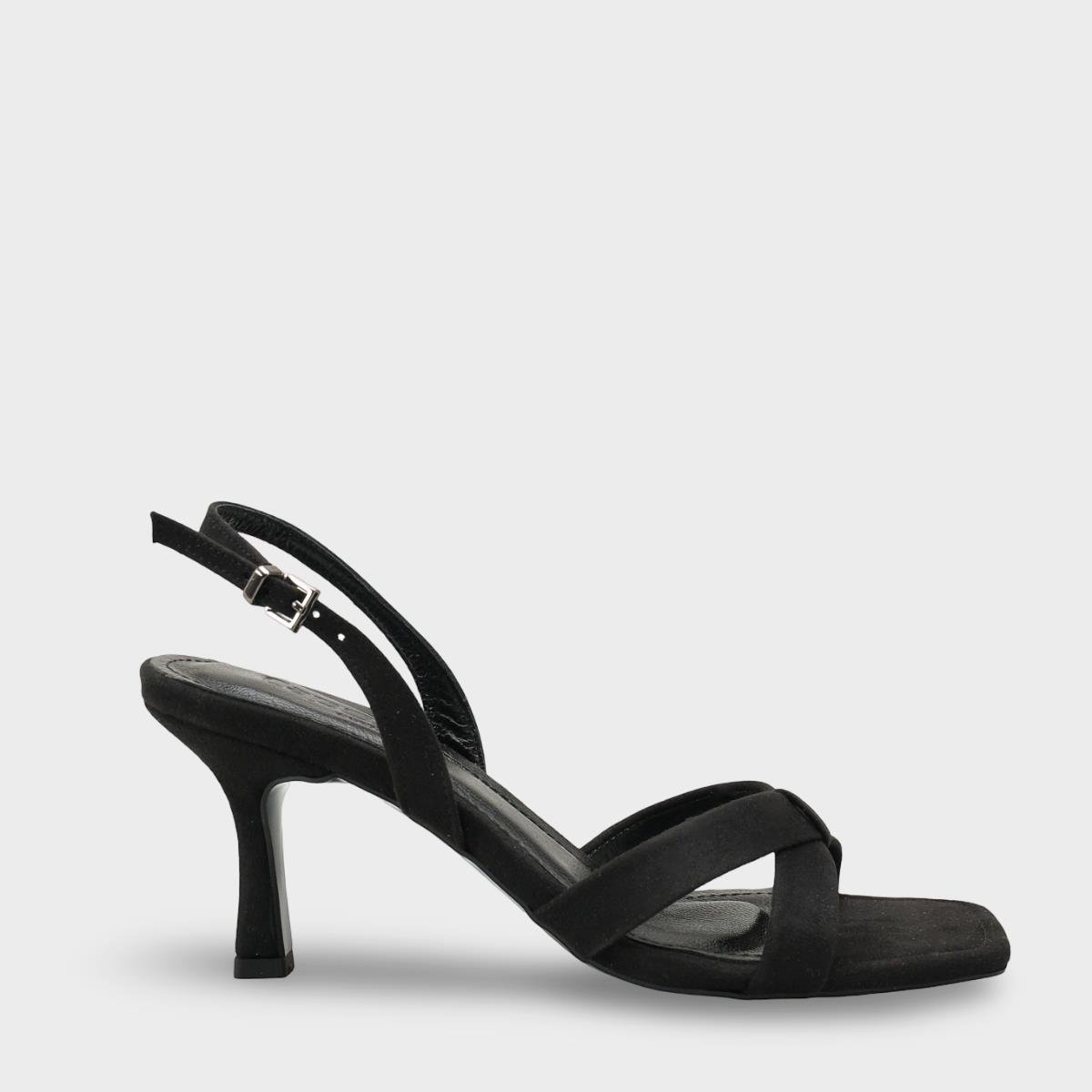 Capone Roxana Genuine Leather Lined Square Toe Cross Strap Mid Heel Suede Look Elegant Women Sued Black Shoe