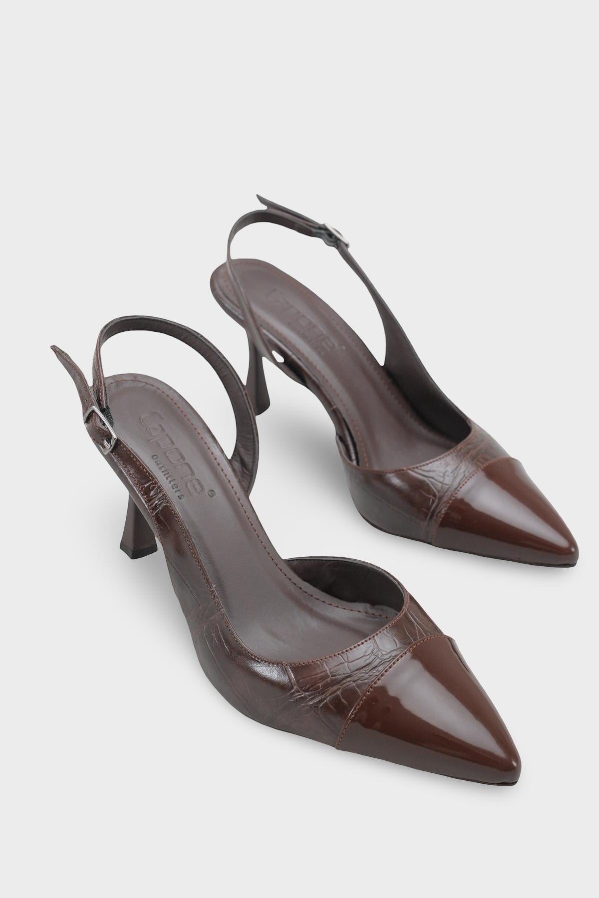Capone Sall Pointed Toe Croc Effect Open Back Mid Heel Women Brown Shoe