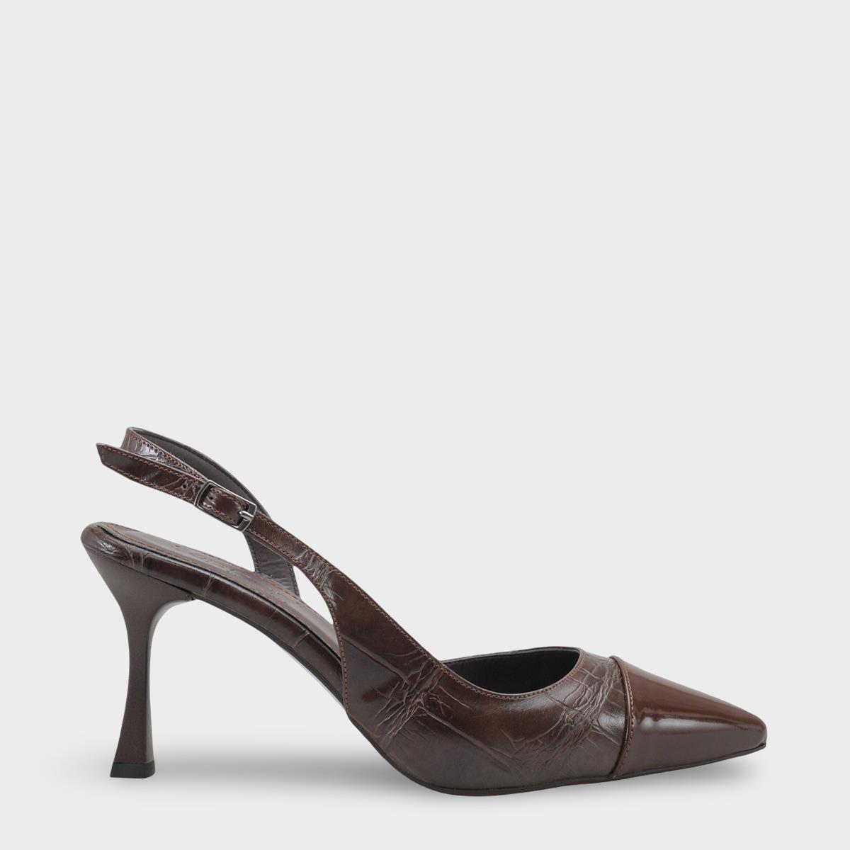 Capone Sall Pointed Toe Croc Effect Open Back Mid Heel Women Brown Shoe