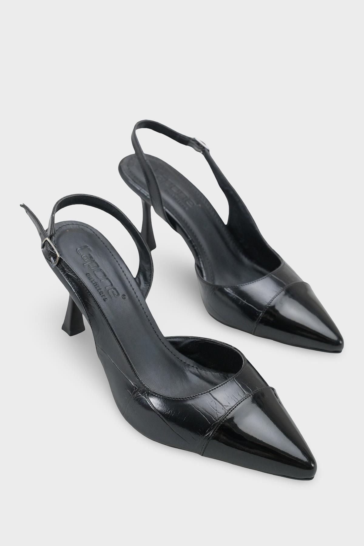 Capone Sall Pointed Toe Croc Effect Open Back Mid Heel Women Black Shoe