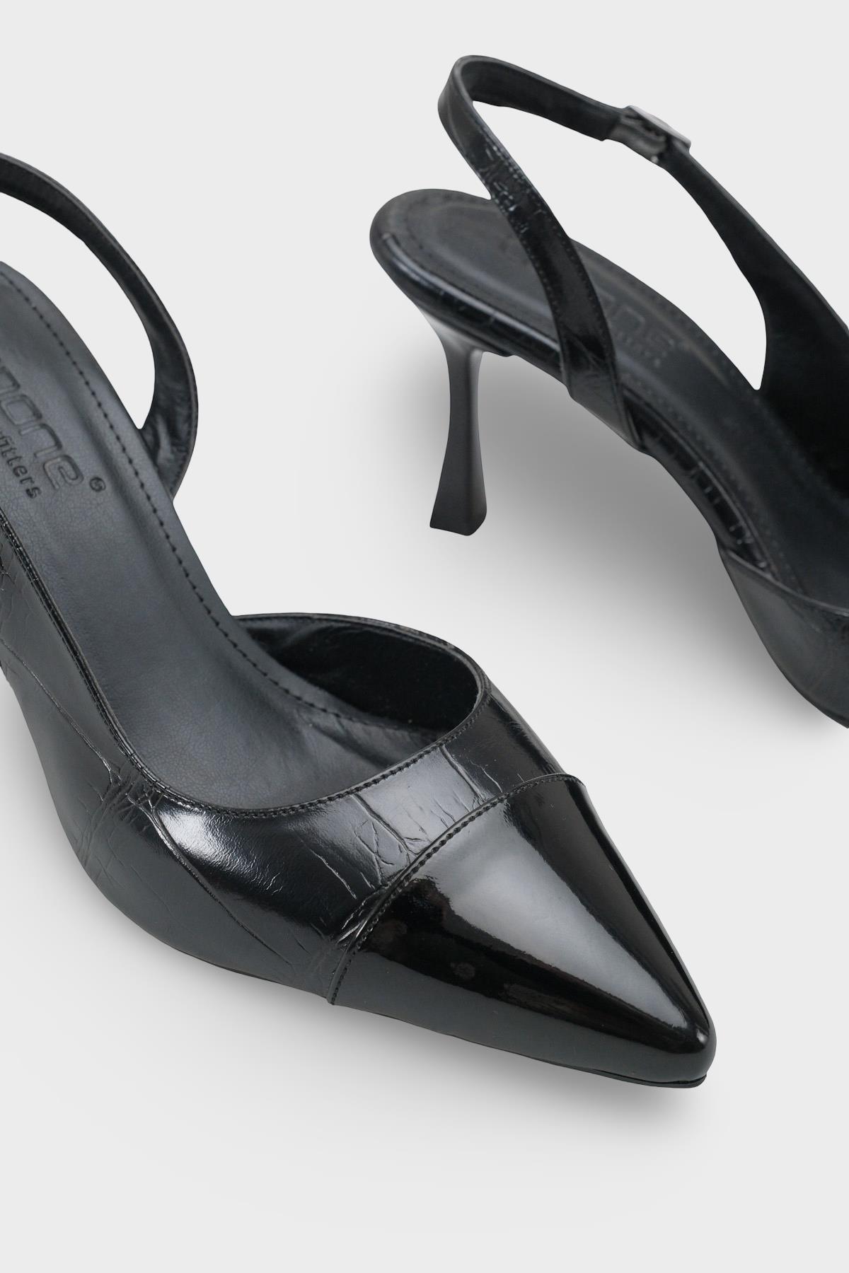 Capone Sall Pointed Toe Croc Effect Open Back Mid Heel Women Black Shoe