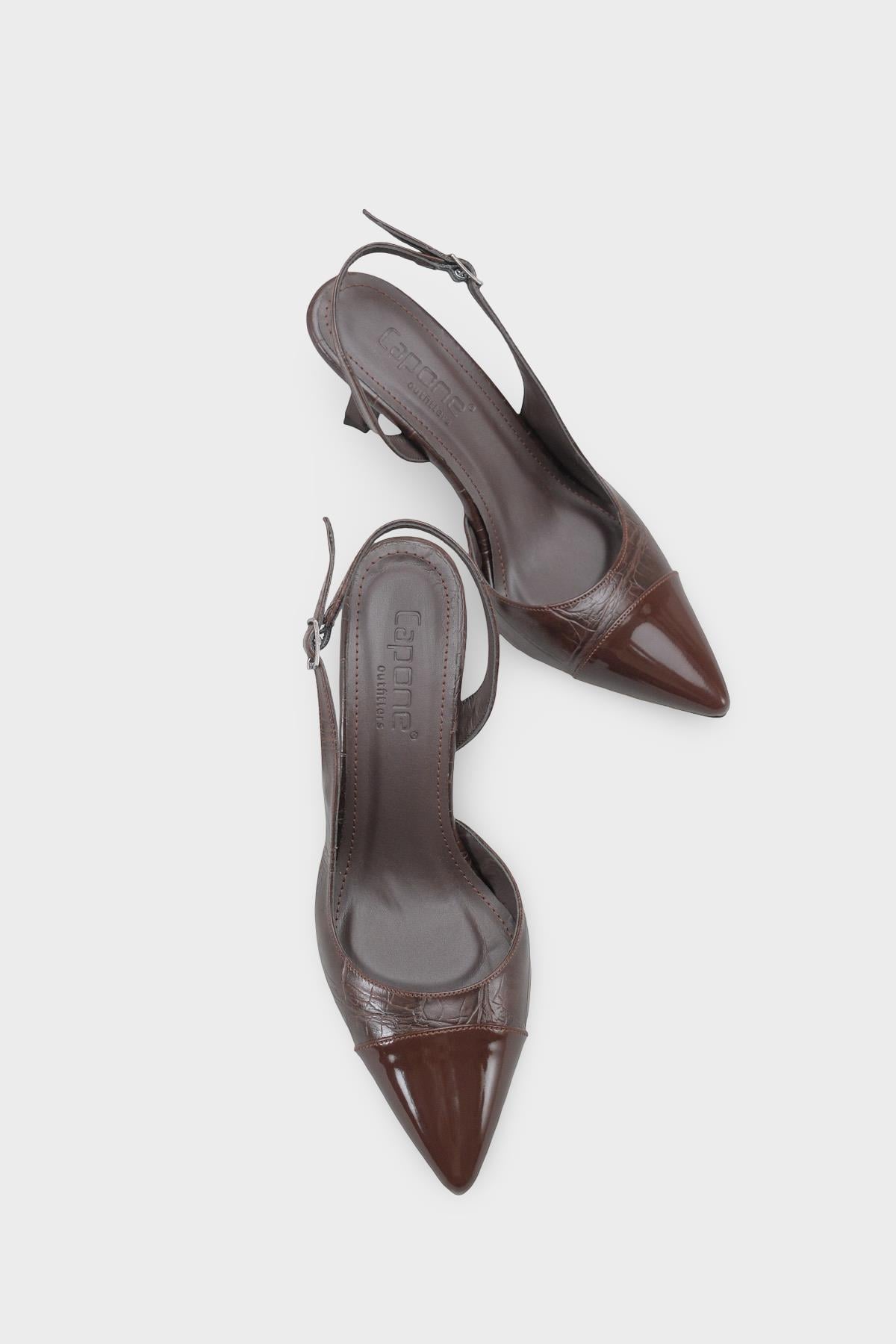 Capone Sall Pointed Toe Croc Effect Open Back Mid Heel Women Brown Shoe