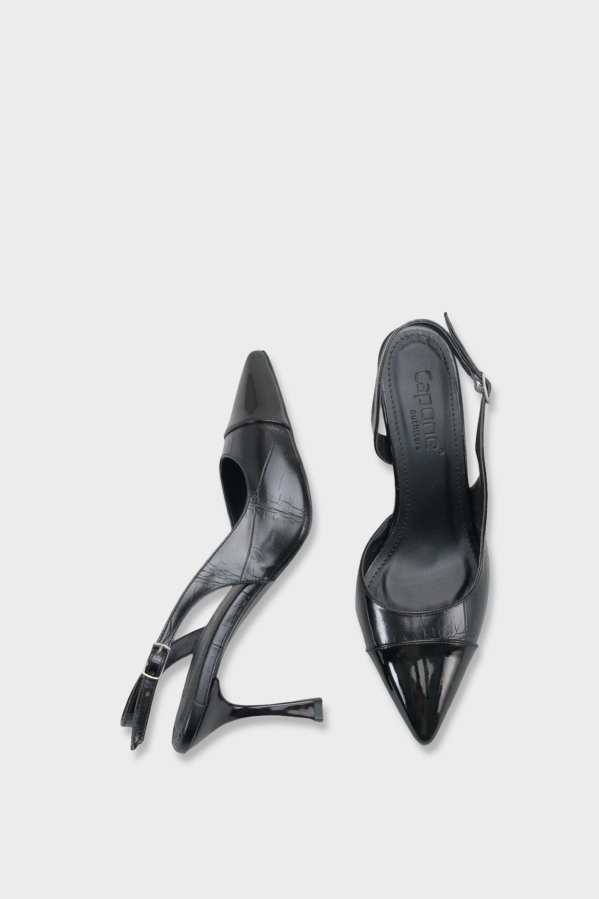 Capone Sall Pointed Toe Croc Effect Open Back Mid Heel Women Black Shoe