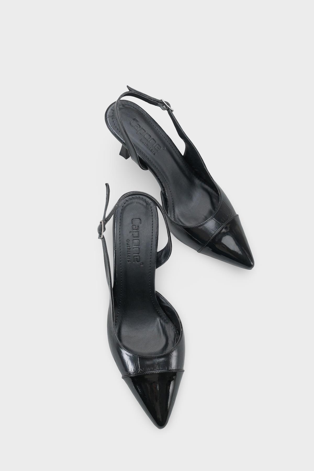 Capone Sall Pointed Toe Croc Effect Open Back Mid Heel Women Black Shoe