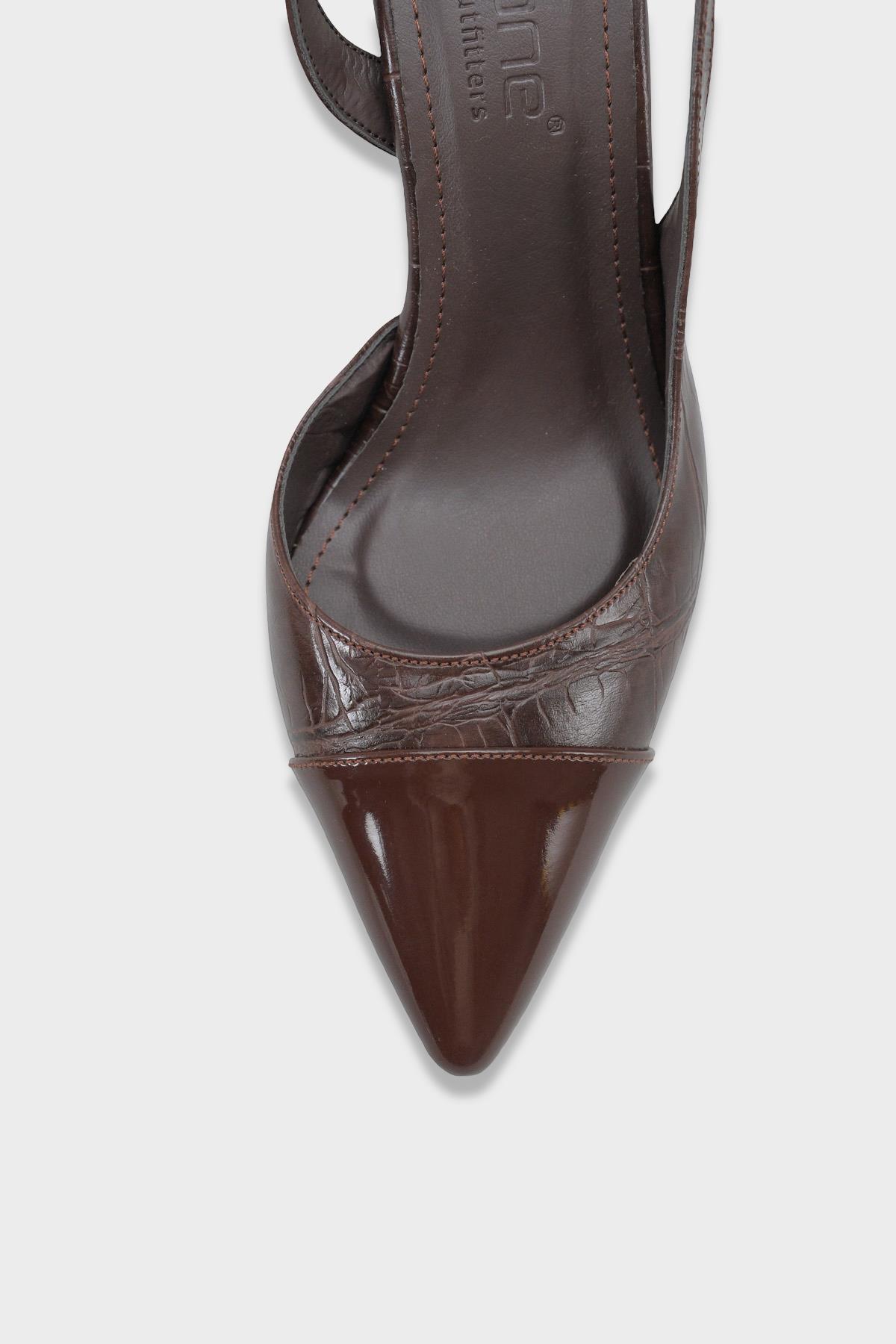 Capone Sall Pointed Toe Croc Effect Open Back Mid Heel Women Brown Shoe