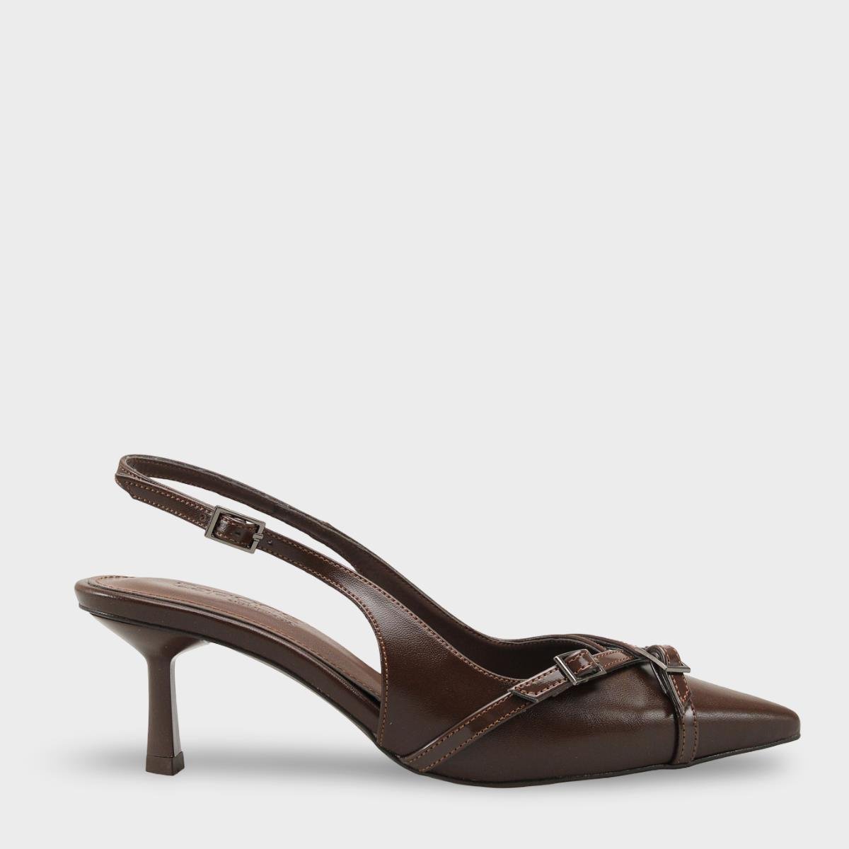 Capone Sarine Pointed Toe Mid Heel Cross Buckle Open Back Women Brown Shoe