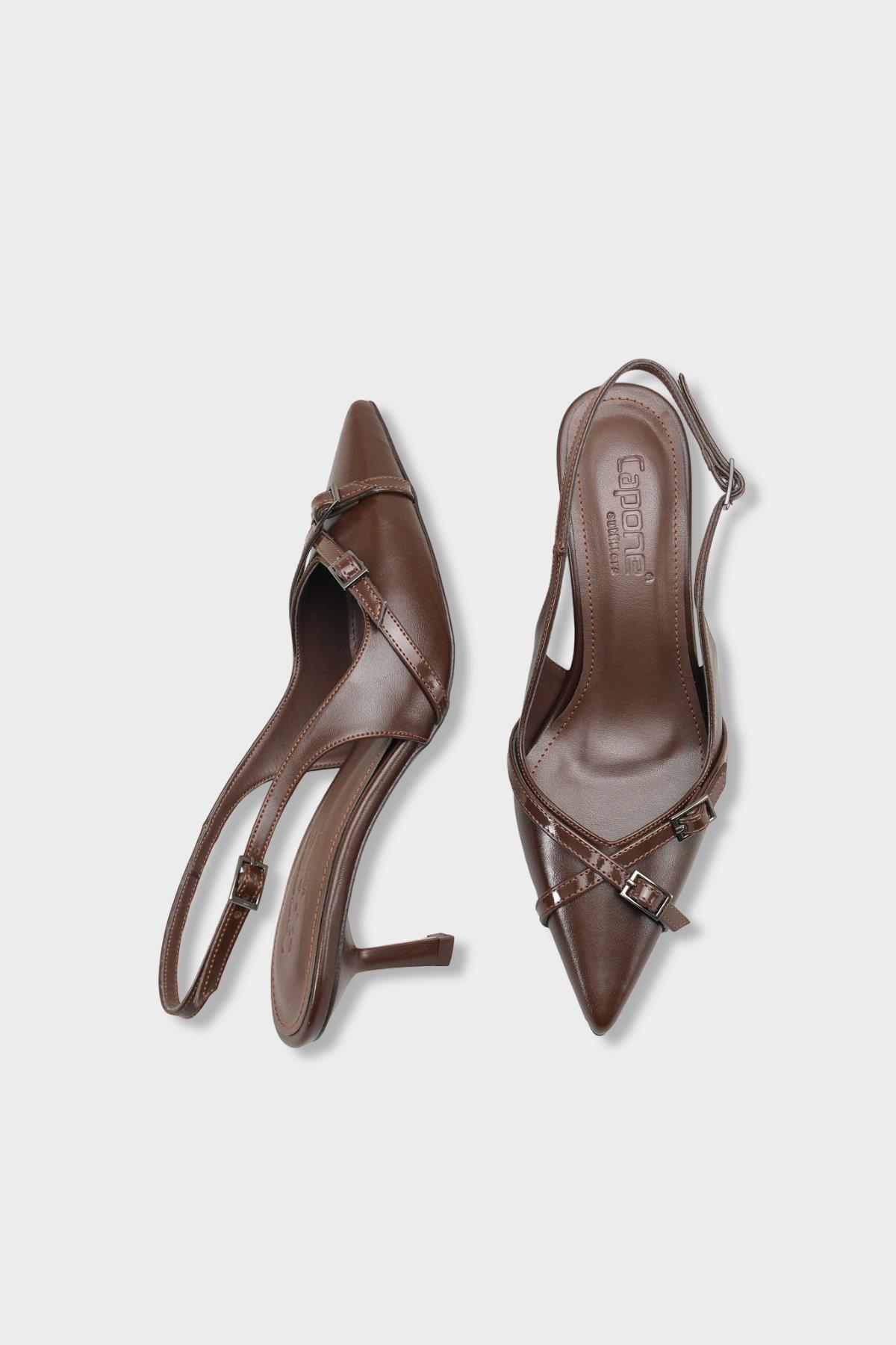 Capone Sarine Pointed Toe Mid Heel Cross Buckle Open Back Women Brown Shoe