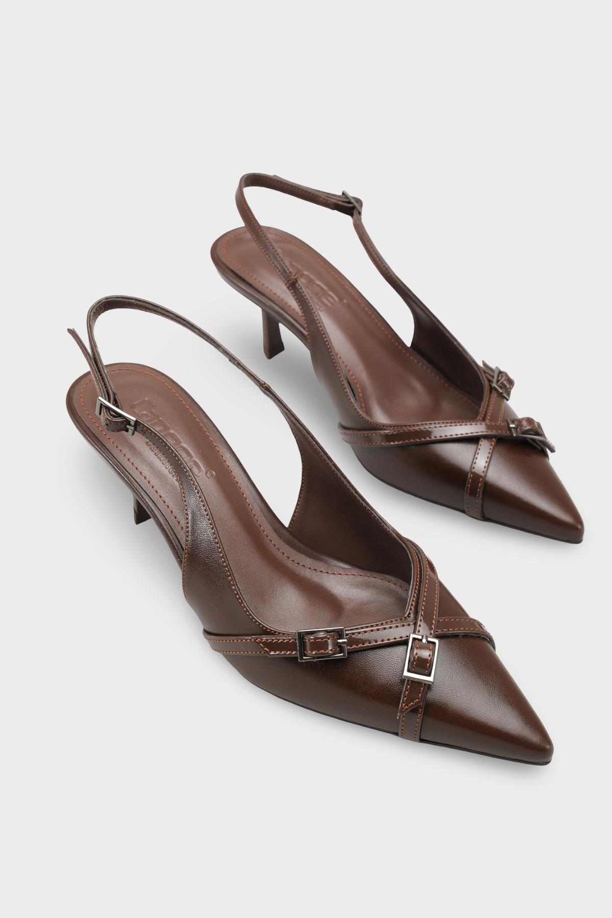 Capone Sarine Pointed Toe Mid Heel Cross Buckle Open Back Women Brown Shoe