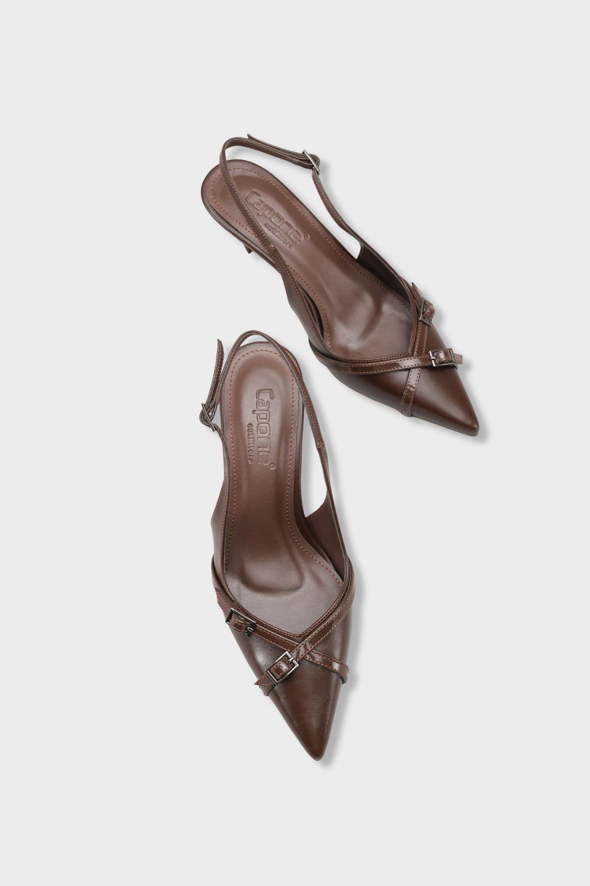Capone Sarine Pointed Toe Mid Heel Cross Buckle Open Back Women Brown Shoe