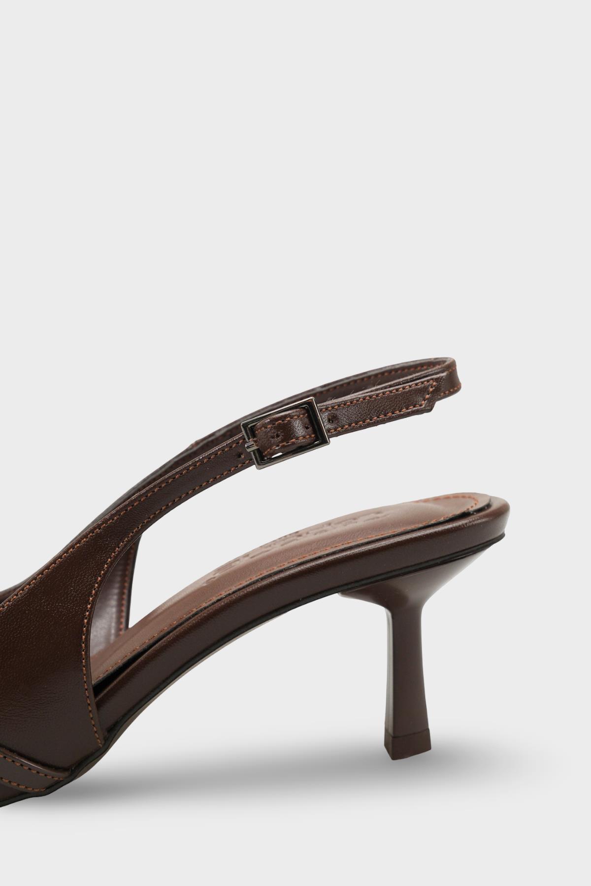 Capone Sarine Pointed Toe Mid Heel Cross Buckle Open Back Women Brown Shoe